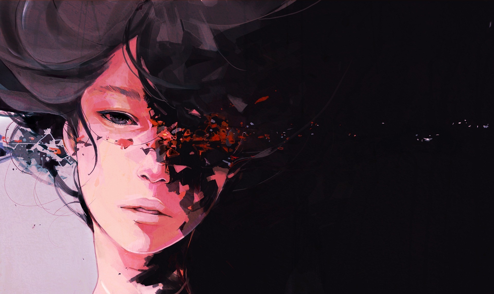 Digital art of a woman's face fragmenting HD Wallpaper
