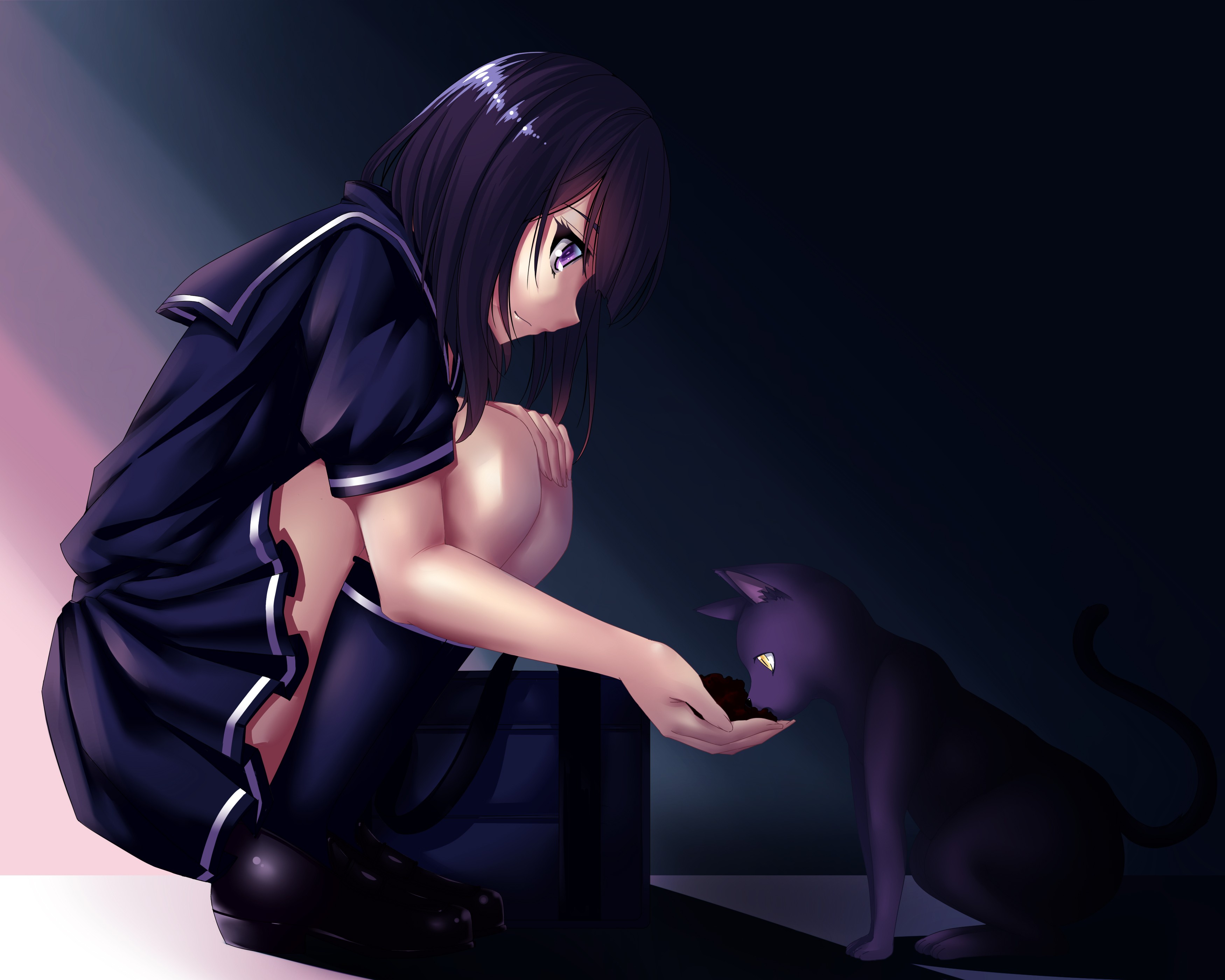 Anime girl in school uniform feeding a black cat HD Wallpaper