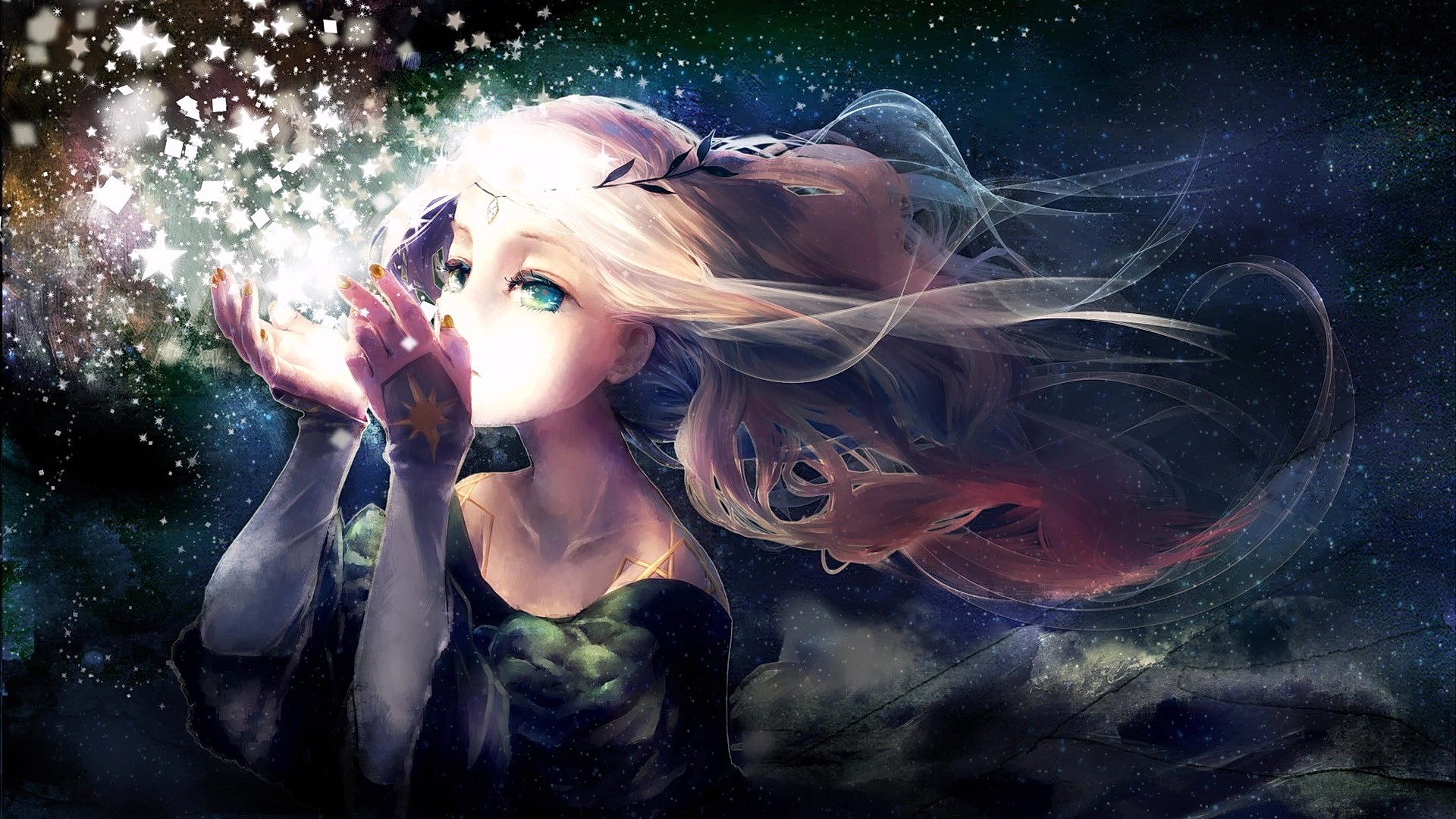 Anime girl with blonde hair blowing stars HD Wallpaper