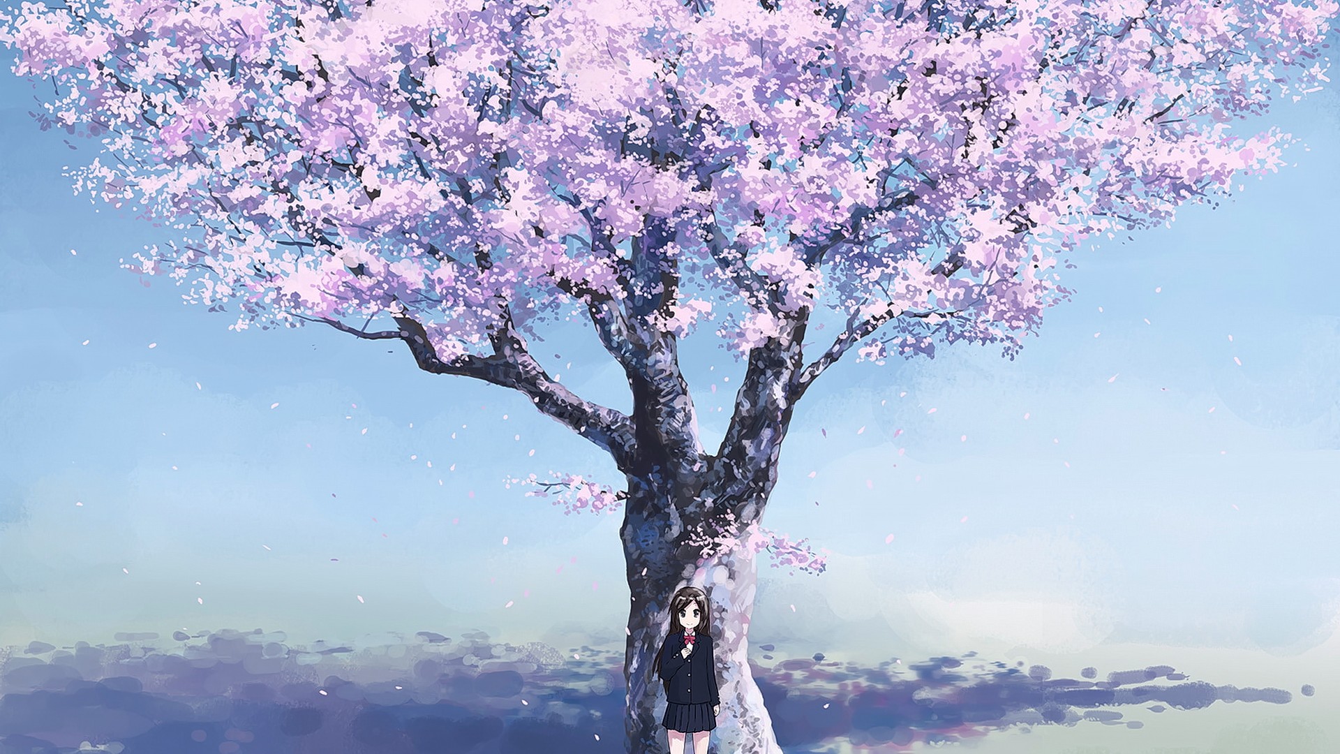 Anime girl in school uniform under a cherry blossom tree HD Wallpaper