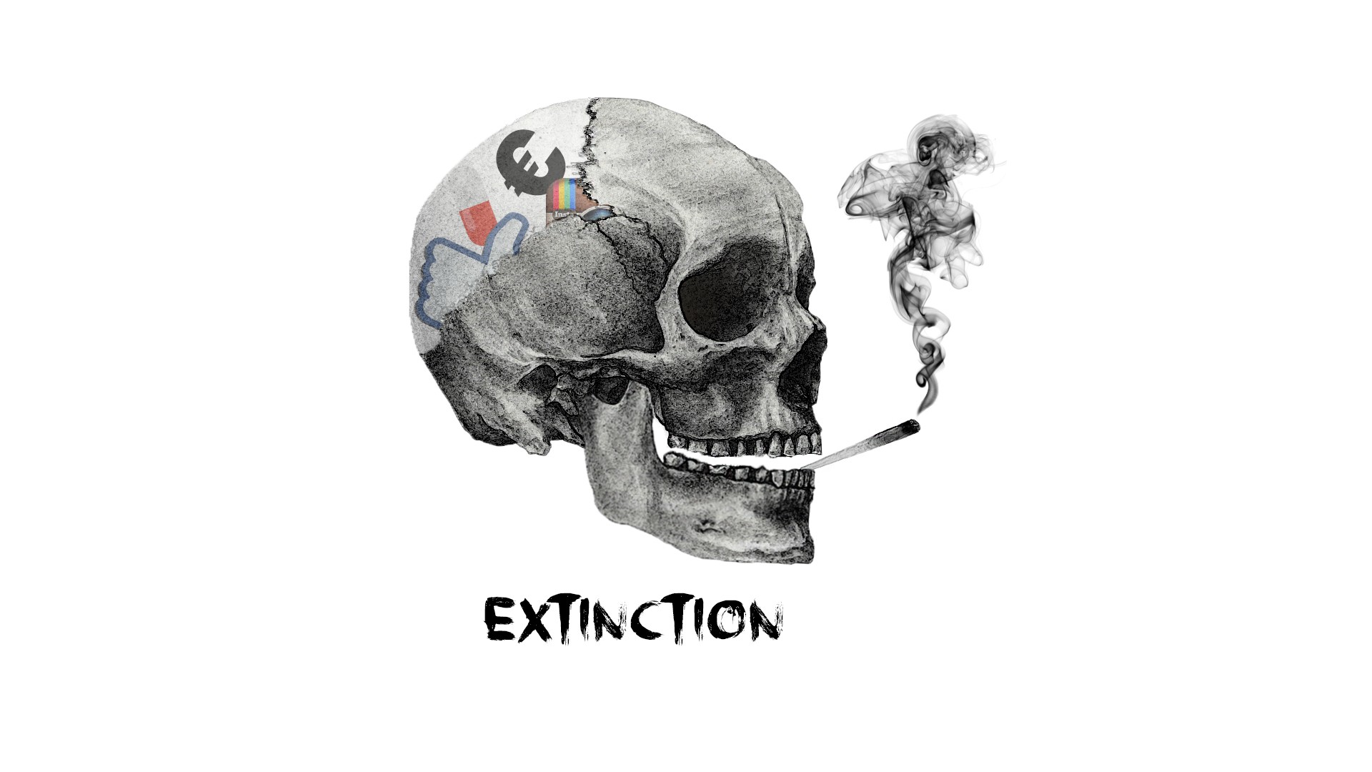 Skull with social media logos and smoking cigarette, extinction theme HD Wallpaper