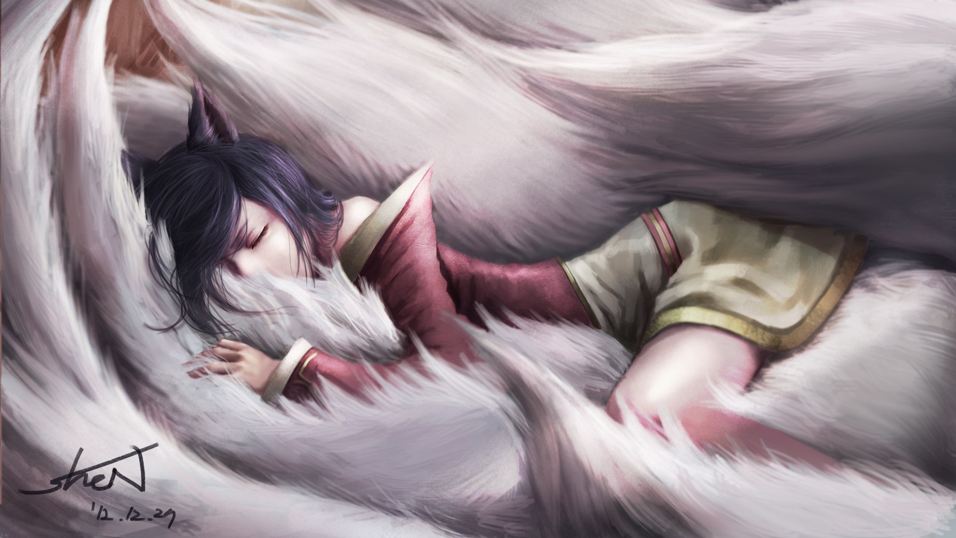 Ahri from League of Legends sleeping surrounded by her tails HD Wallpaper
