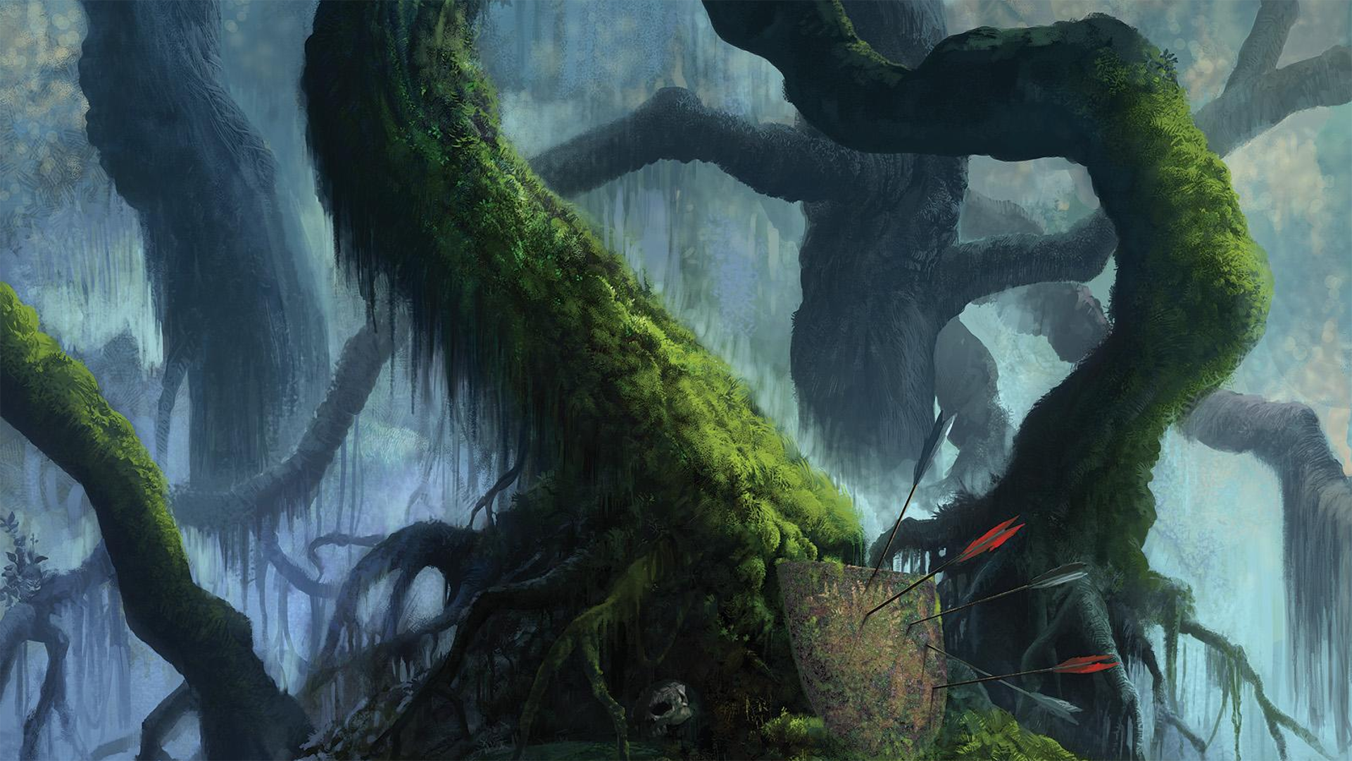 Moss-covered trees in a misty forest with a shield and arrows HD Wallpaper