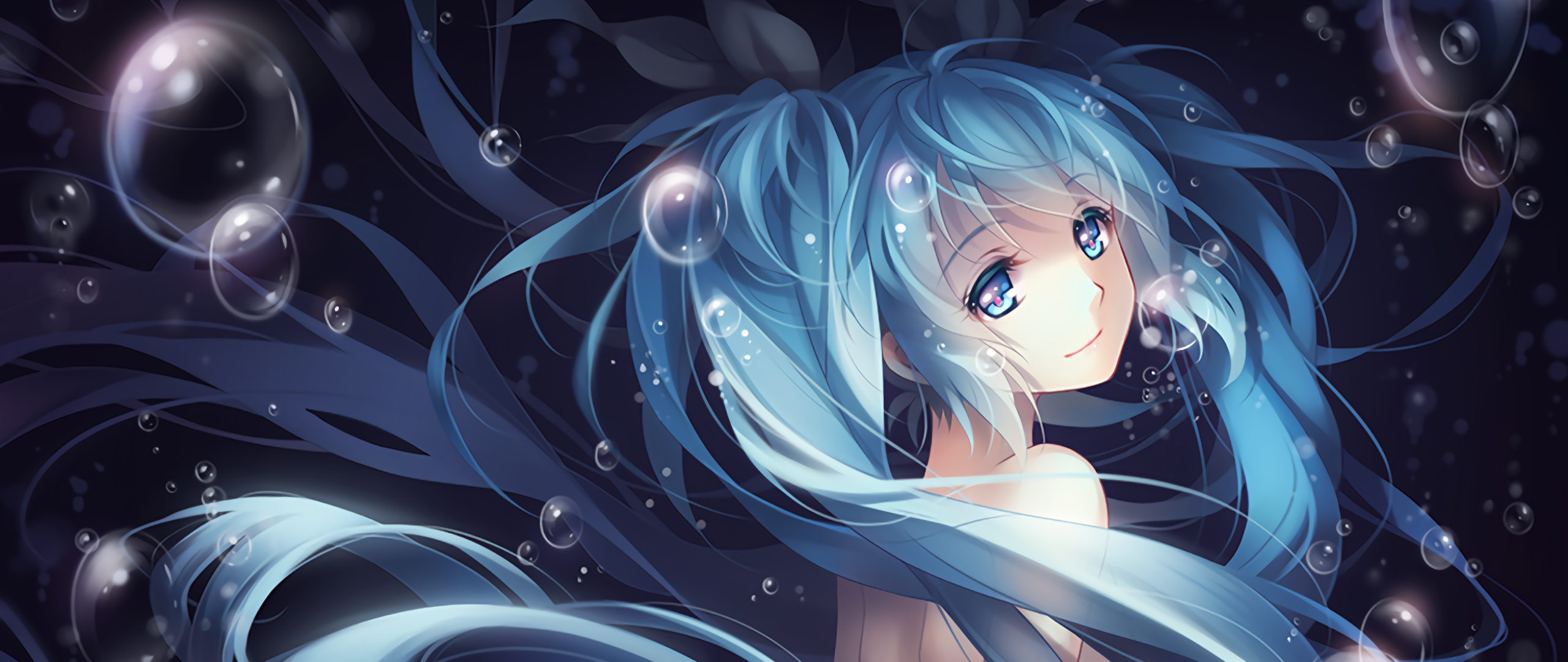 Hatsune Miku with Blue Hair and Bubbles HD Wallpaper