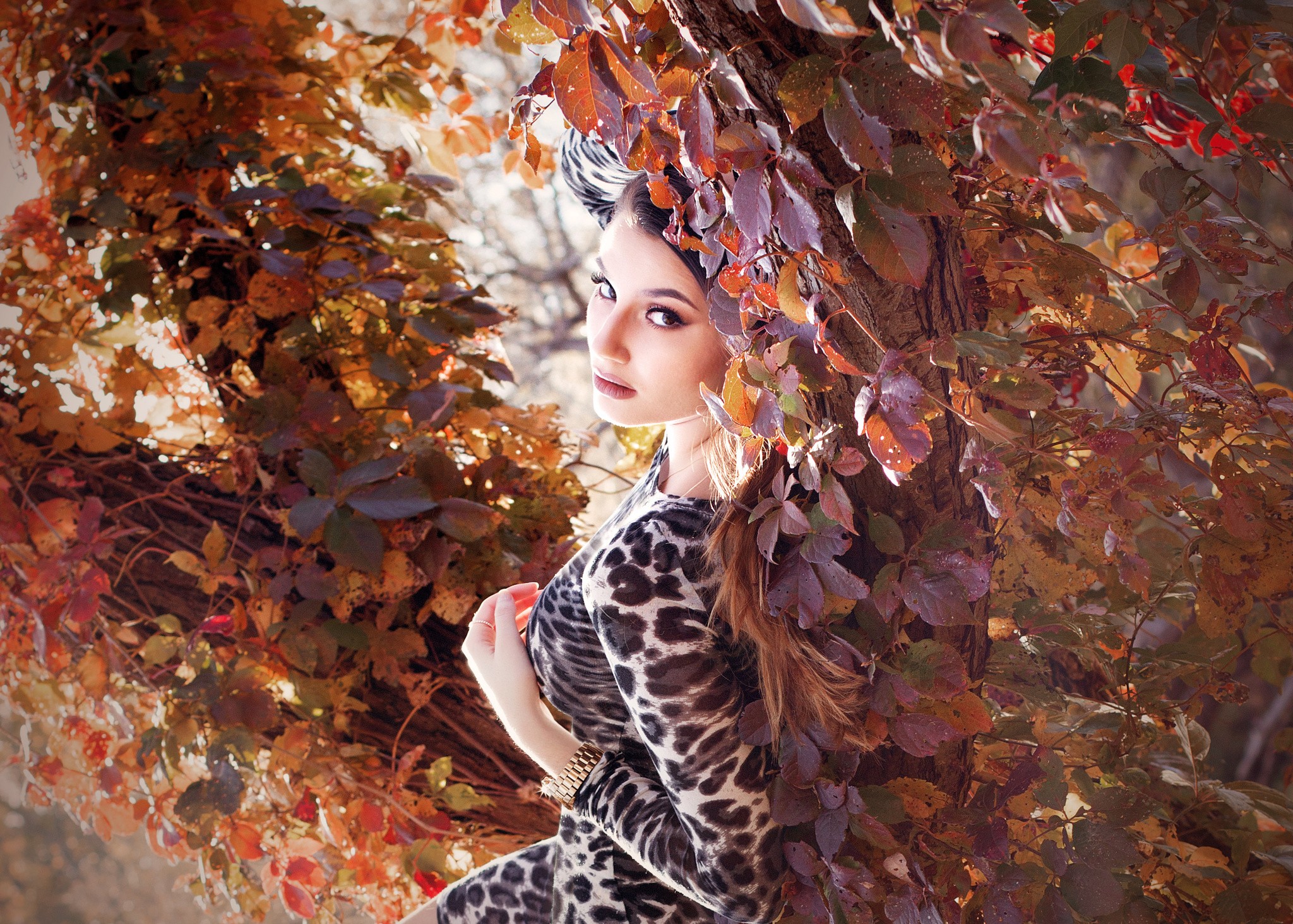 Woman in leopard print dress among autumn leaves HD Wallpaper