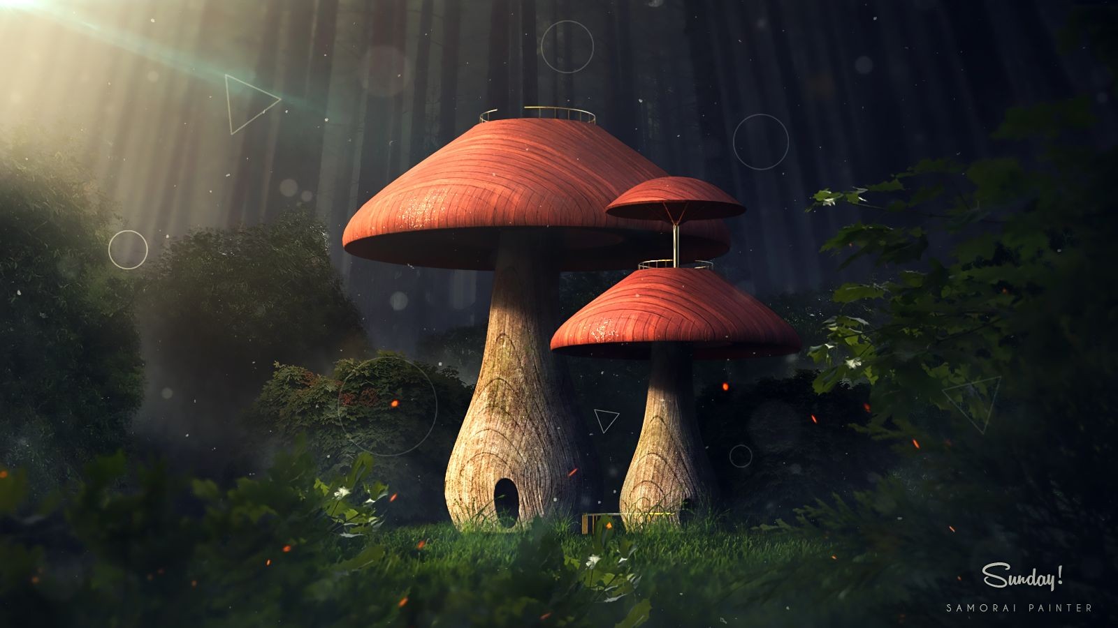 Fantasy forest with giant mushrooms and sun rays HD Wallpaper