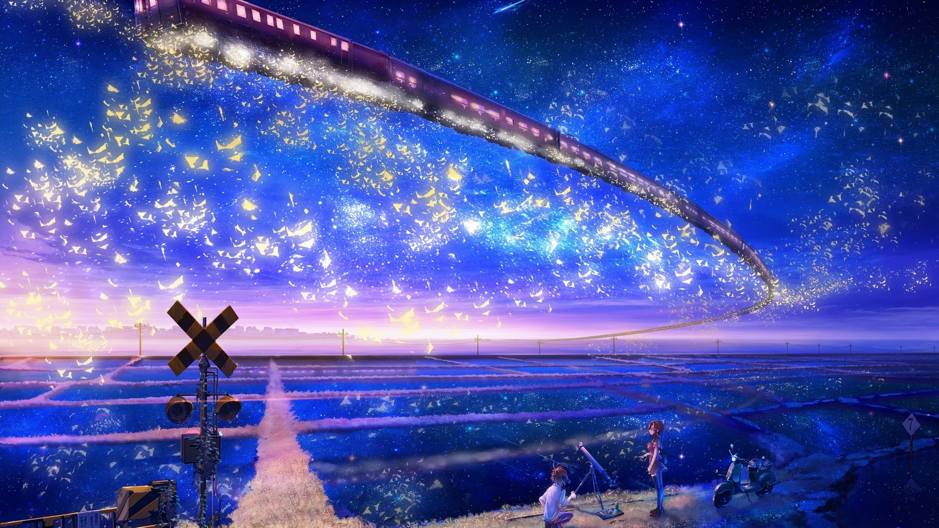 Anime train flying through a starry sky with two people HD Wallpaper