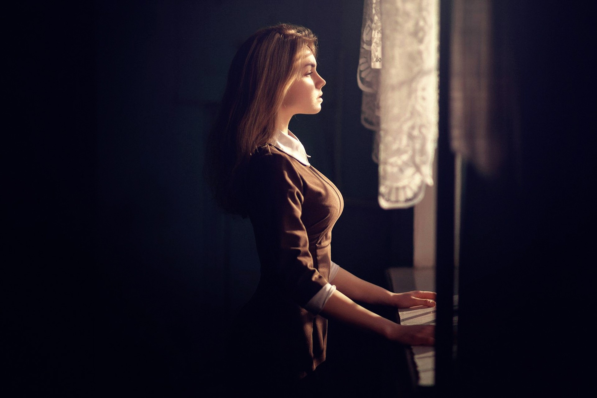 Woman in brown dress by a window HD Wallpaper