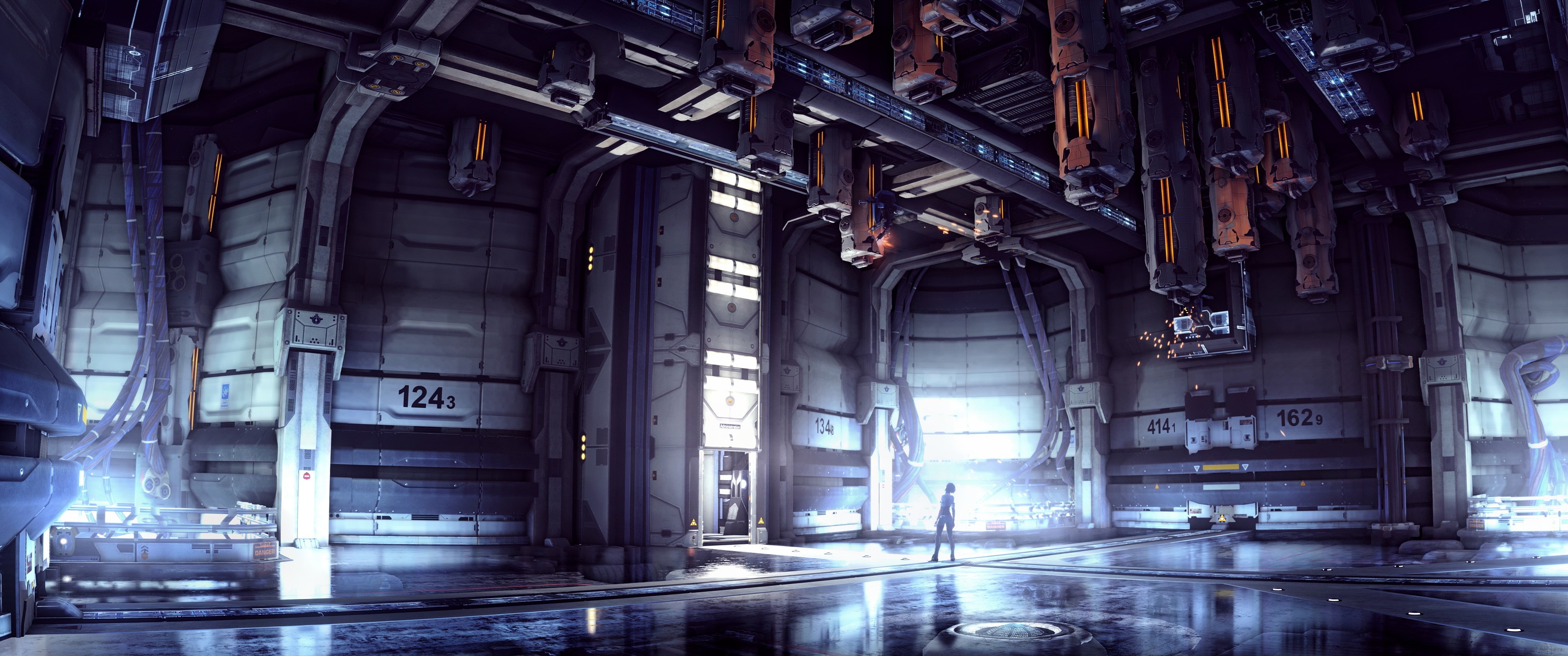 Science Fiction Hangar Bay with a lone figure HD Wallpaper
