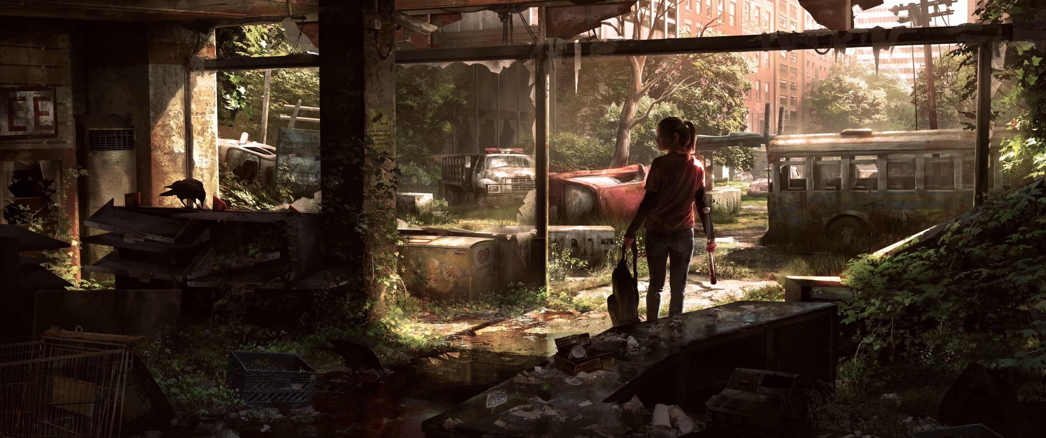 The Last of Us: A girl and a crow in an abandoned city HD Wallpaper