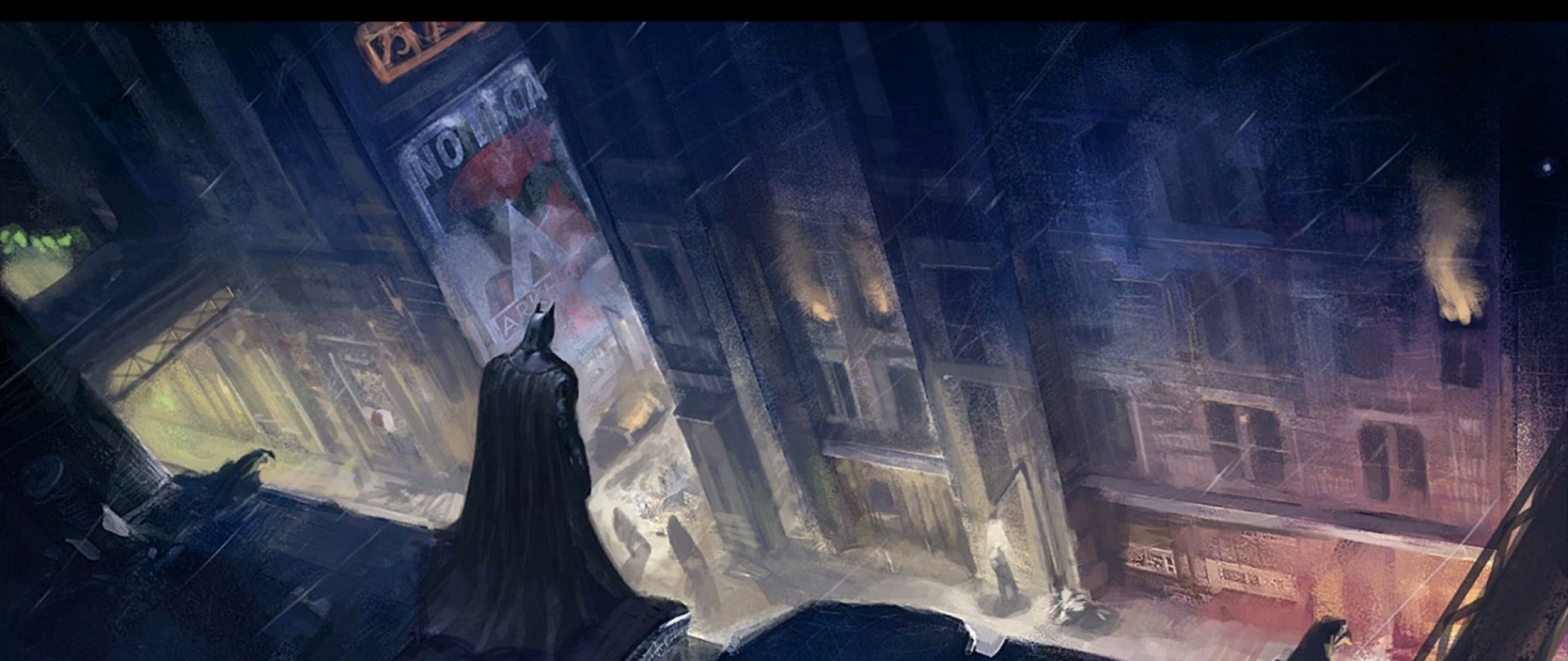 Batman standing on a rooftop in a rainy city HD Wallpaper