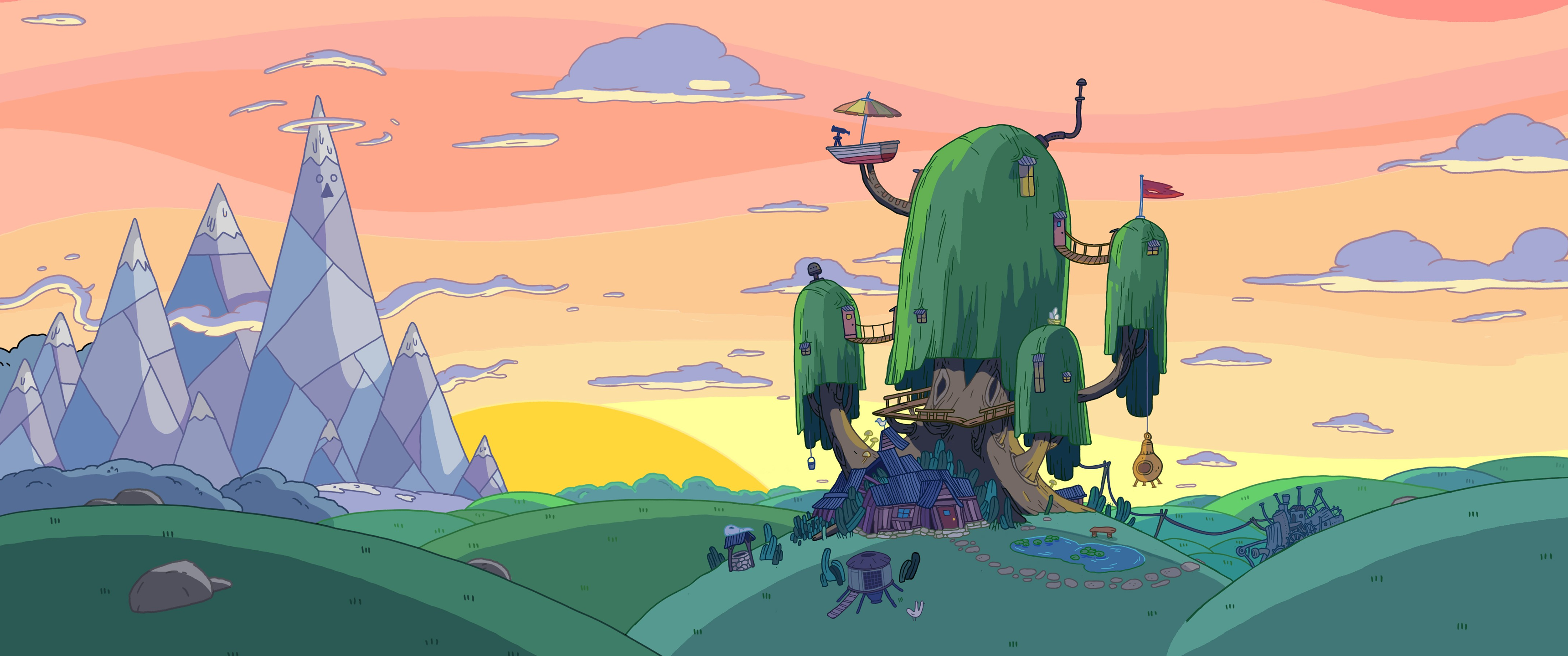 Adventure Time landscape with Ice Kingdom and Tree House HD Wallpaper