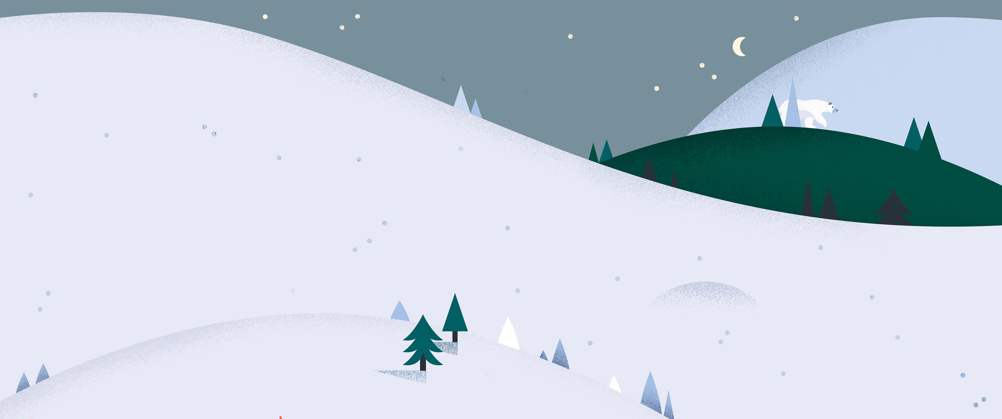 Polar bear walks on snowy hills at night HD Wallpaper