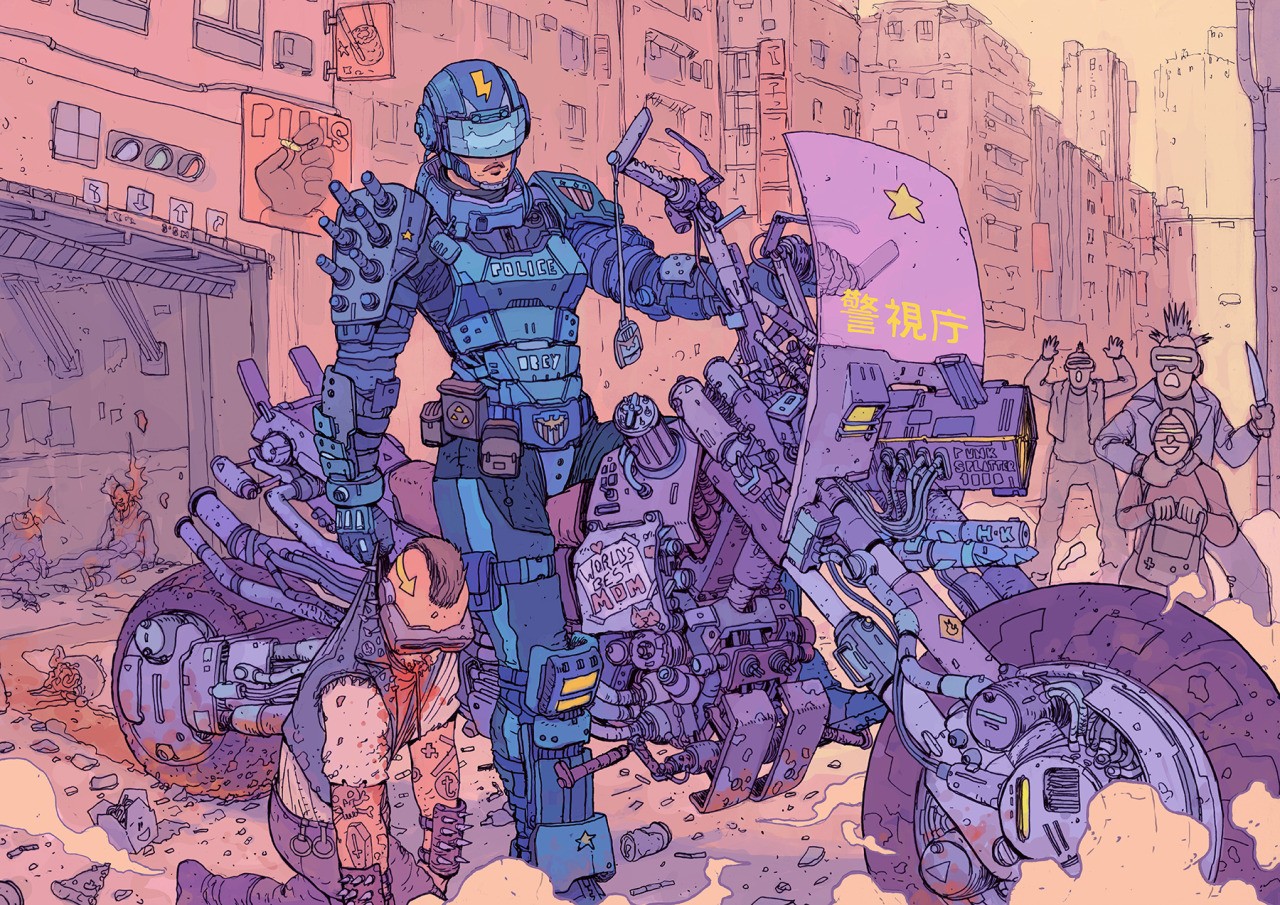 Josan Gonzalez Artwork: Cyberpunk Police Officer and Motorcycle HD Wallpaper