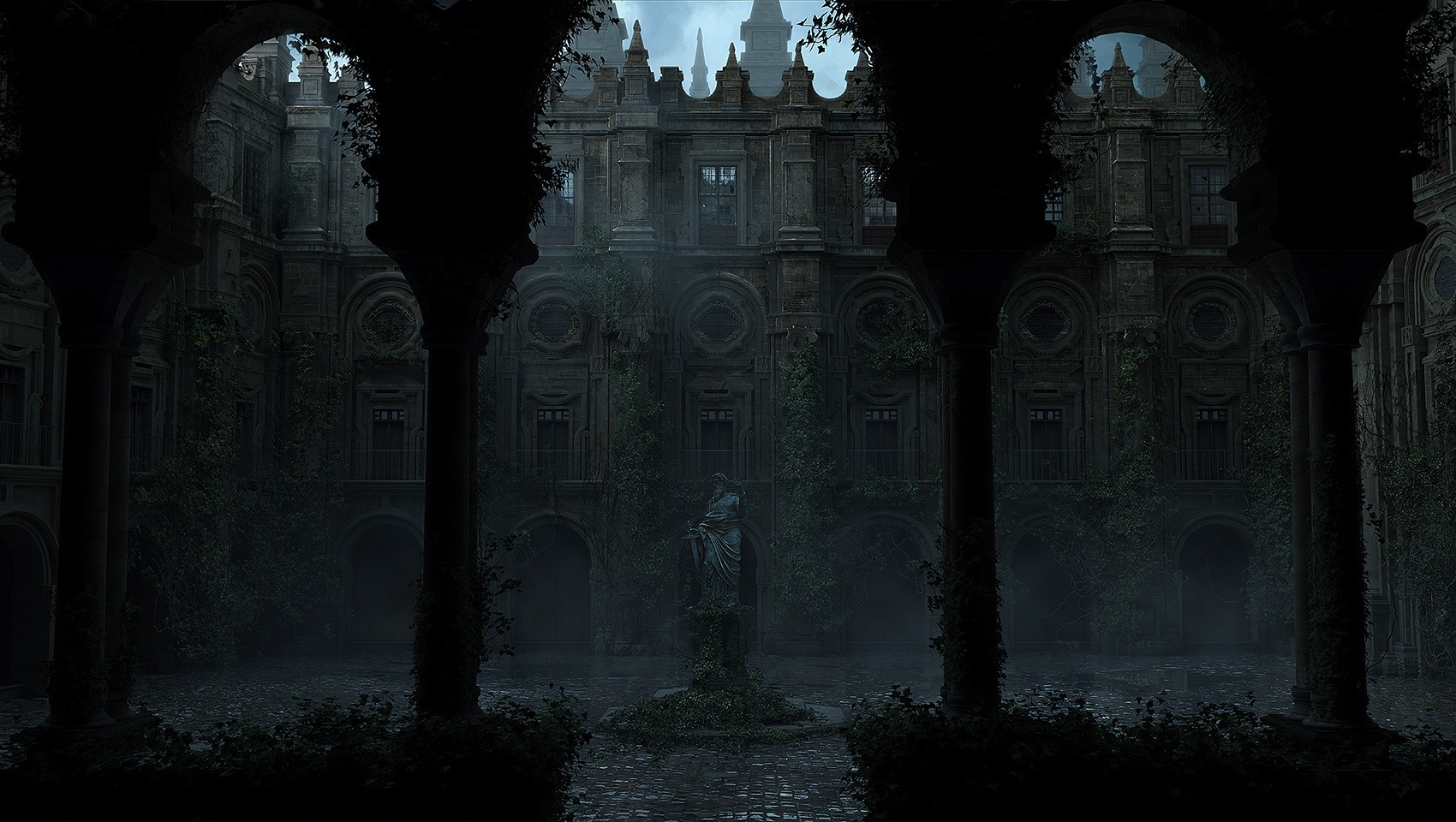 Abandoned palace courtyard with a statue HD Wallpaper