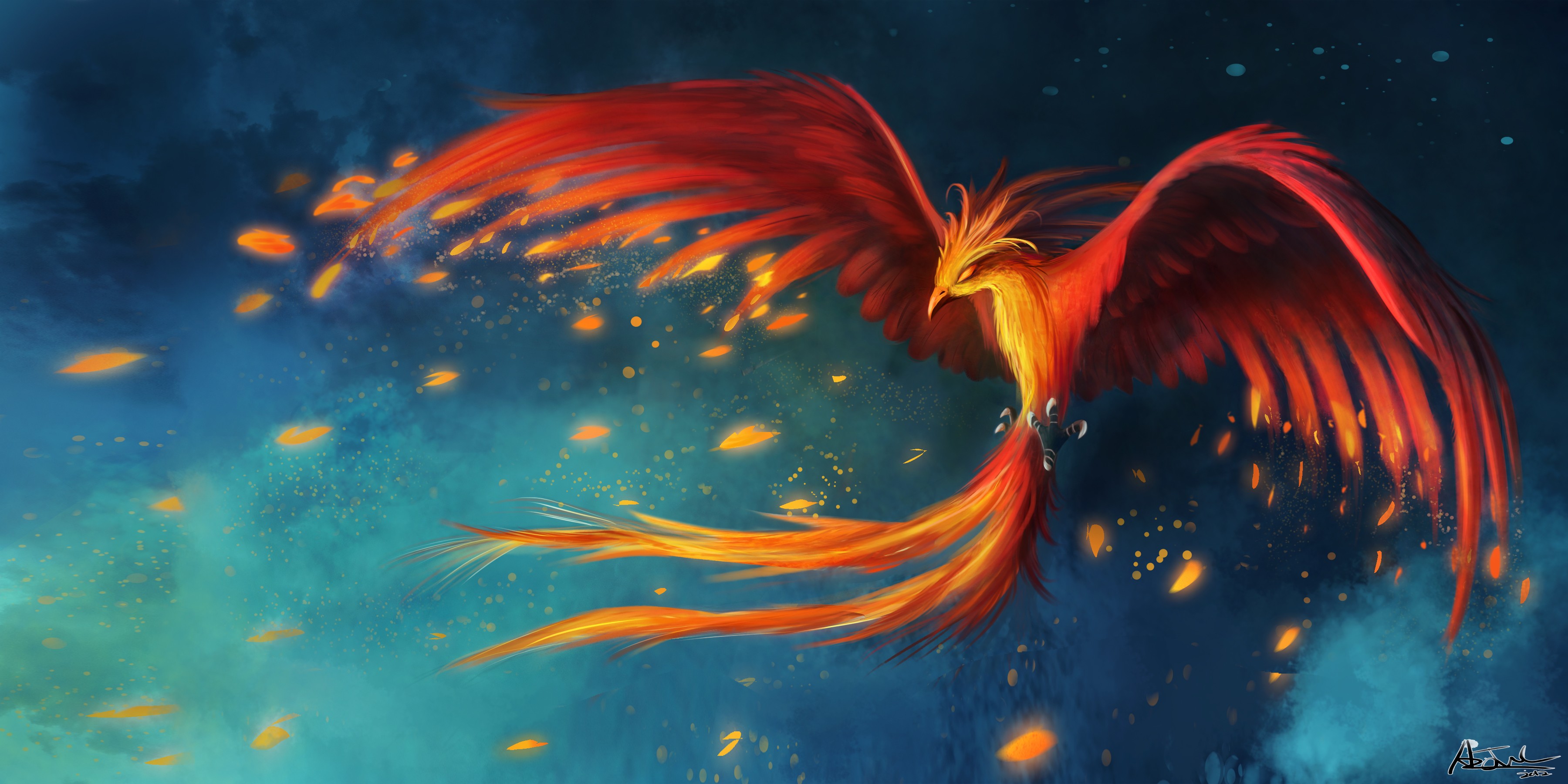 A fiery phoenix flies through a dark blue sky HD Wallpaper