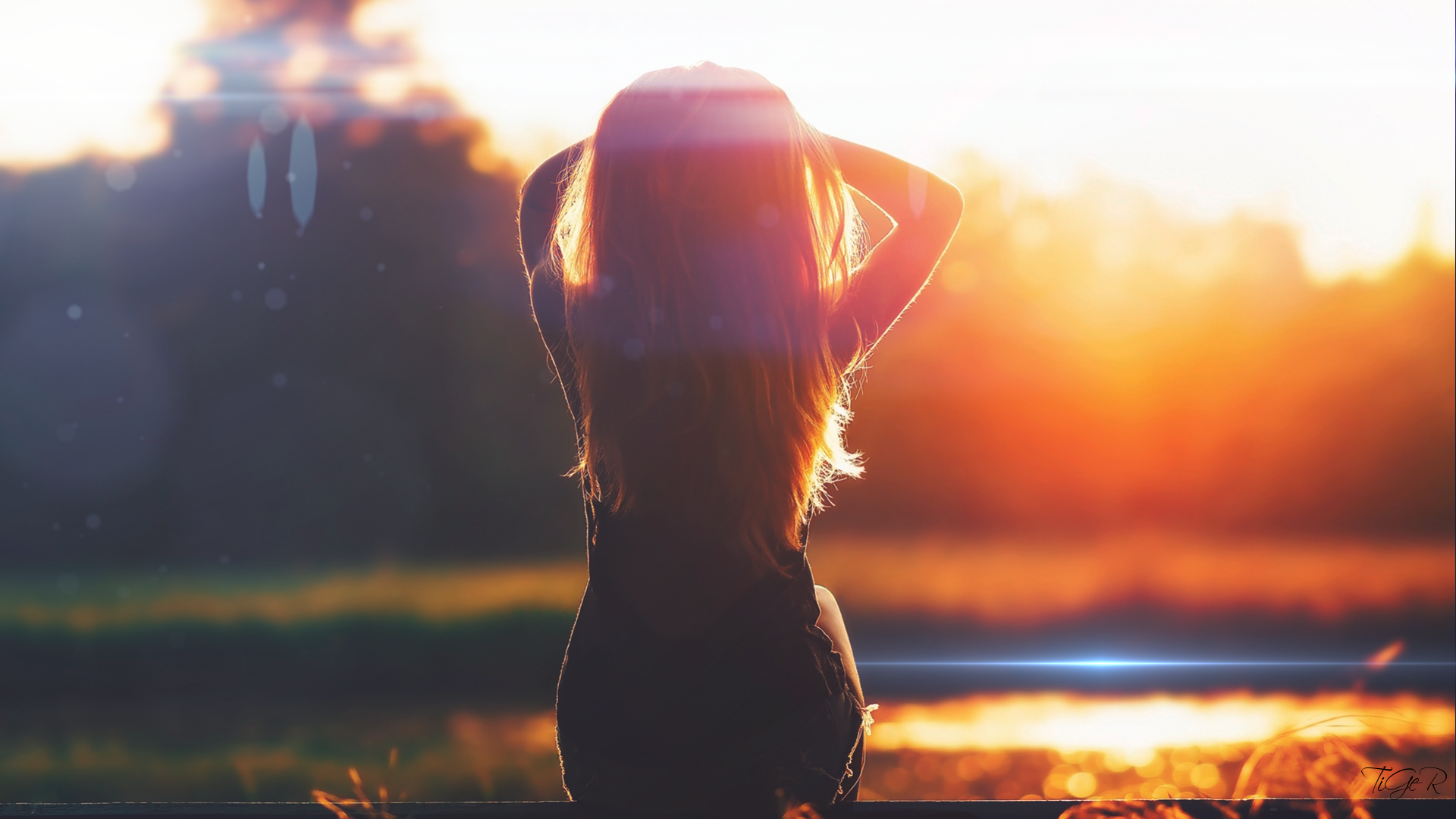 Woman with long hair at sunset with lens flare HD Wallpaper