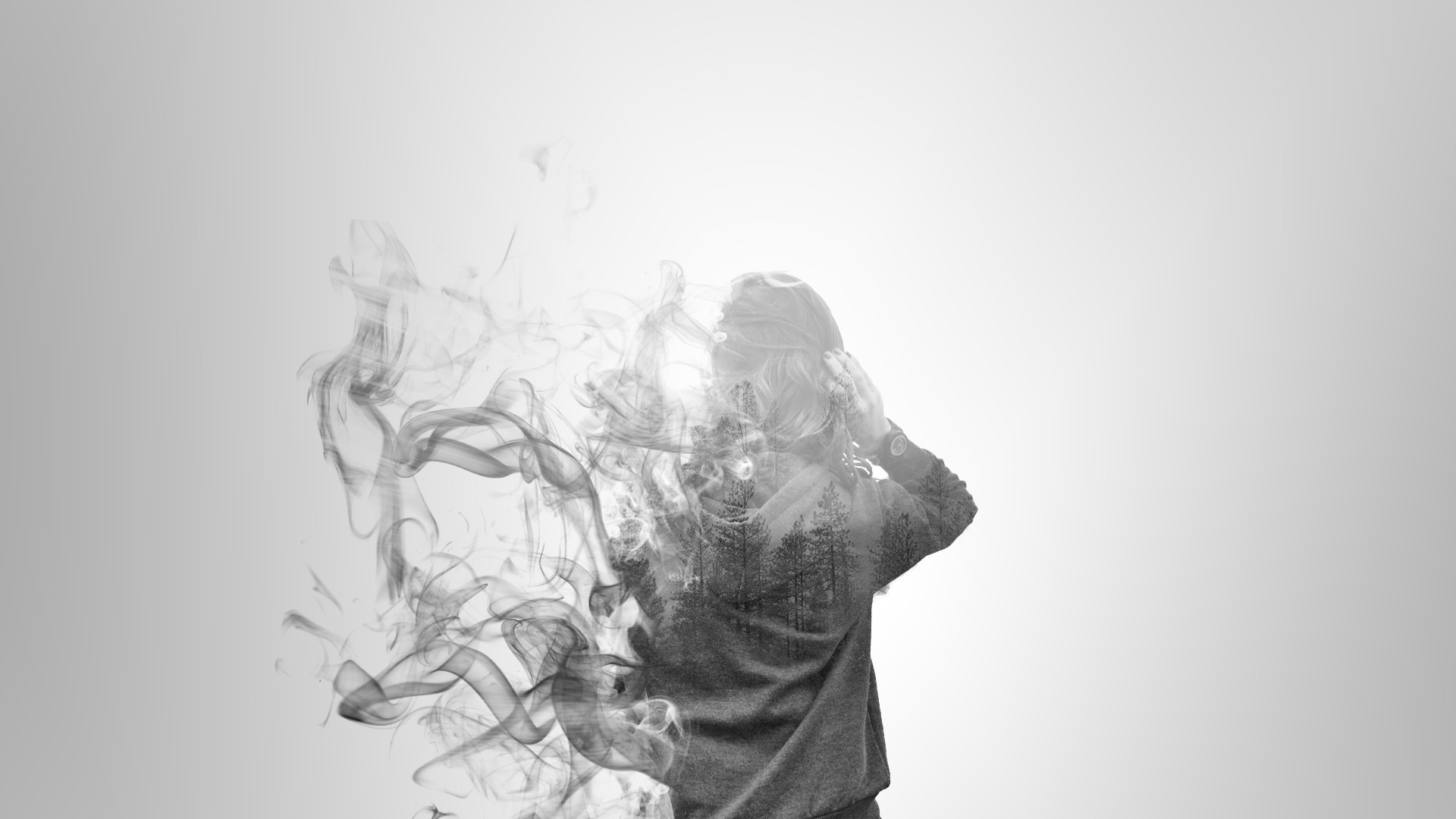 Double exposure of a woman and trees with smoke HD Wallpaper