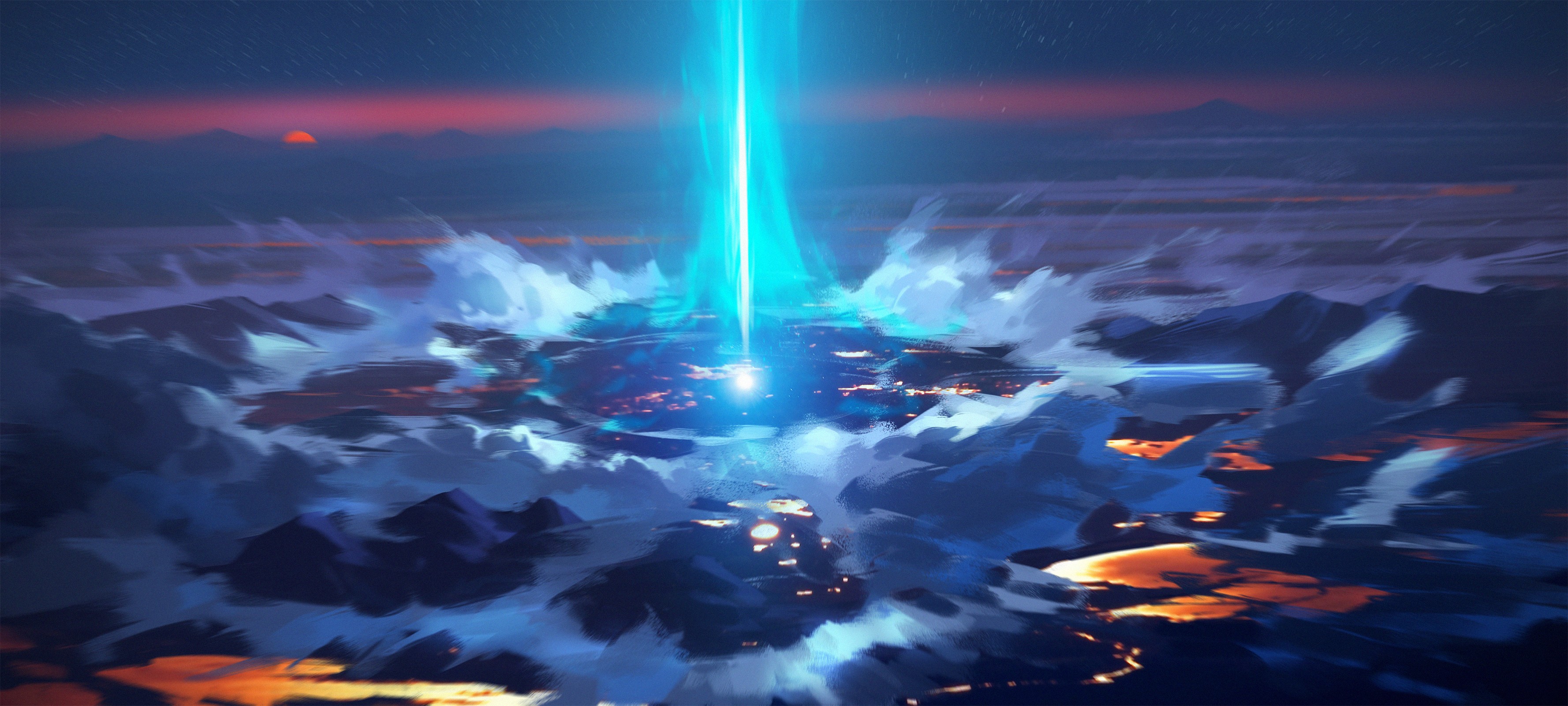 Digital Art of a City Under a Blue Beam HD Wallpaper