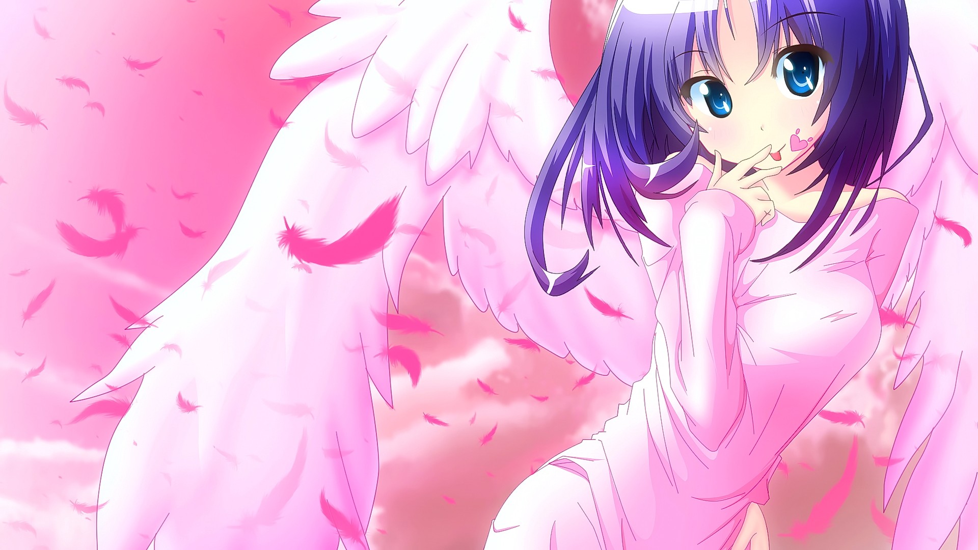 Anime girl with angel wings and pink feathers HD Wallpaper