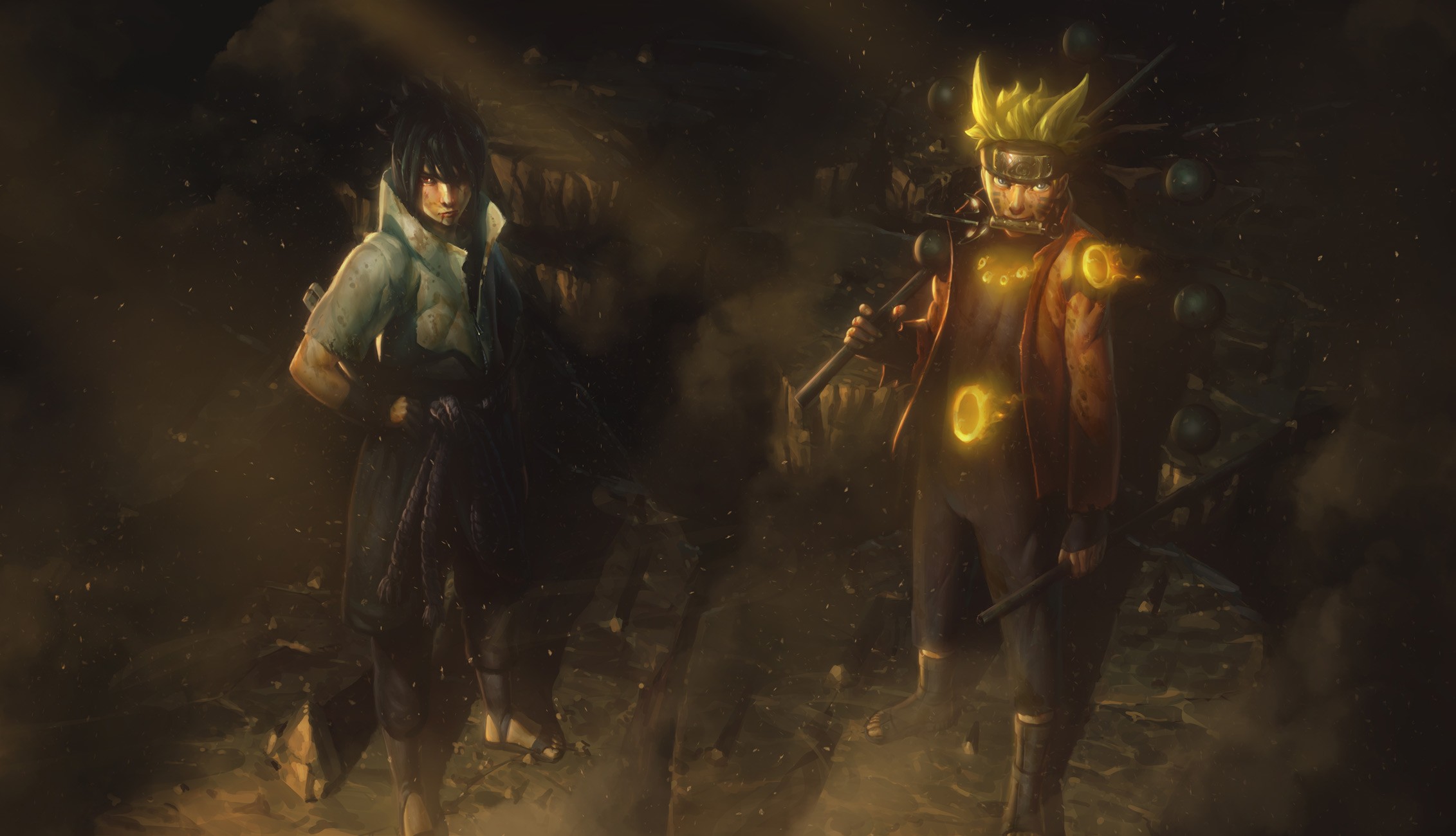Naruto and Sasuke in a dark, dusty environment HD Wallpaper