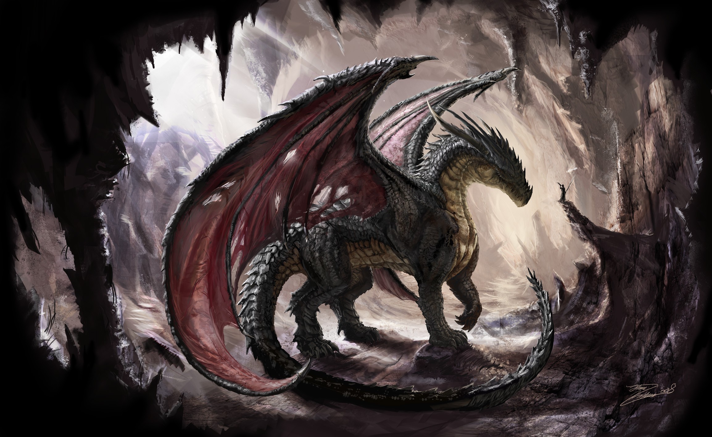 A fearsome dragon stands in a dark cave HD Wallpaper