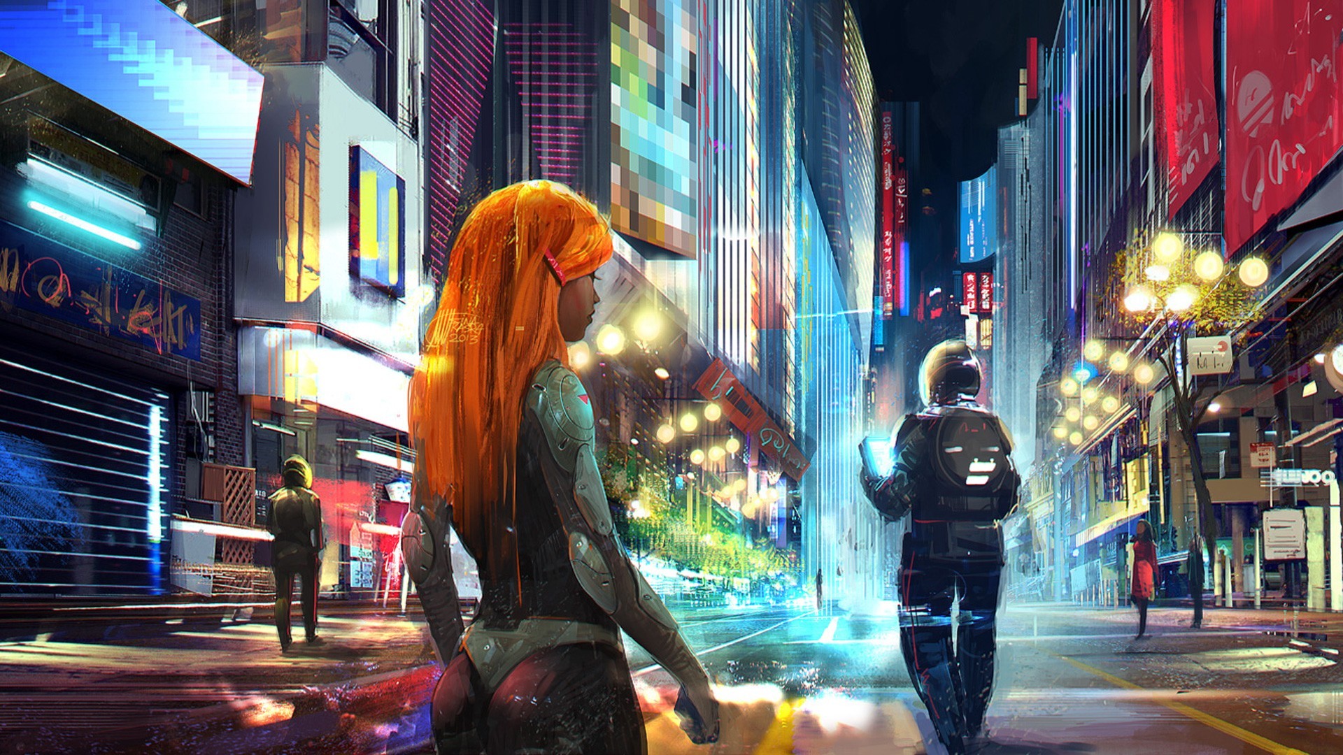 Redhead woman in a futuristic city at night HD Wallpaper