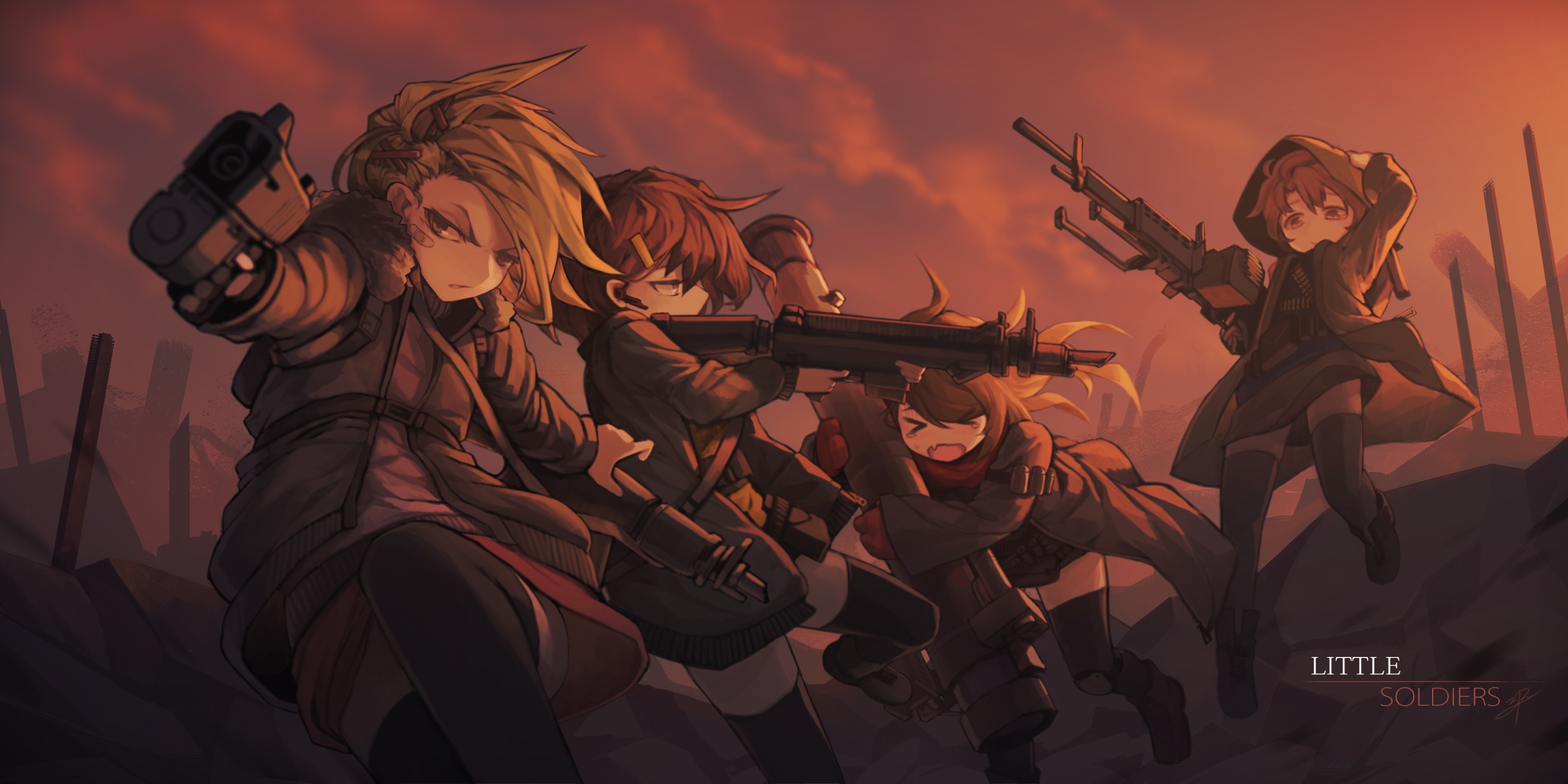 Four anime girls with guns in a war-torn landscape HD Wallpaper
