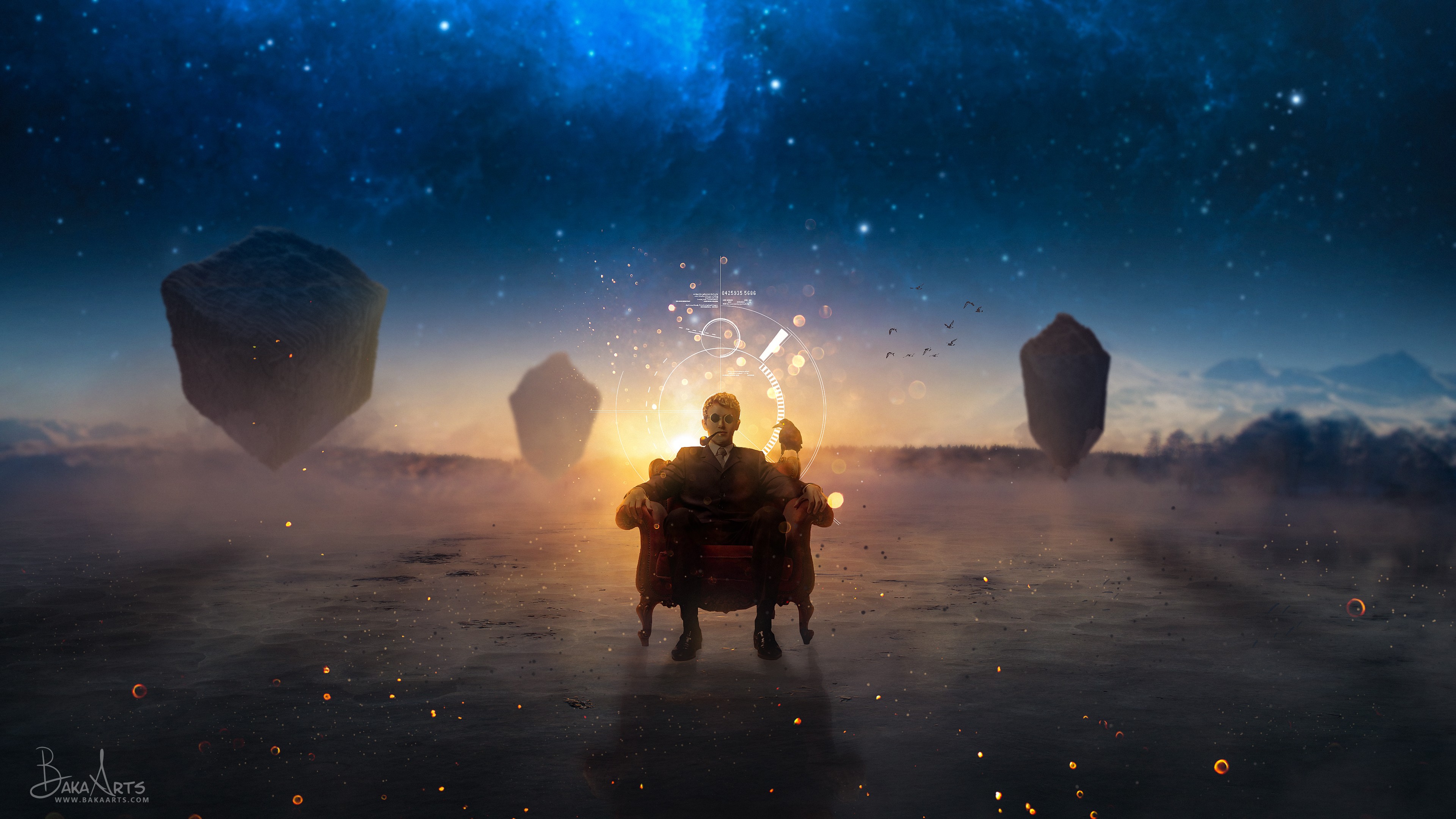Man in chair with floating islands and stars HD Wallpaper