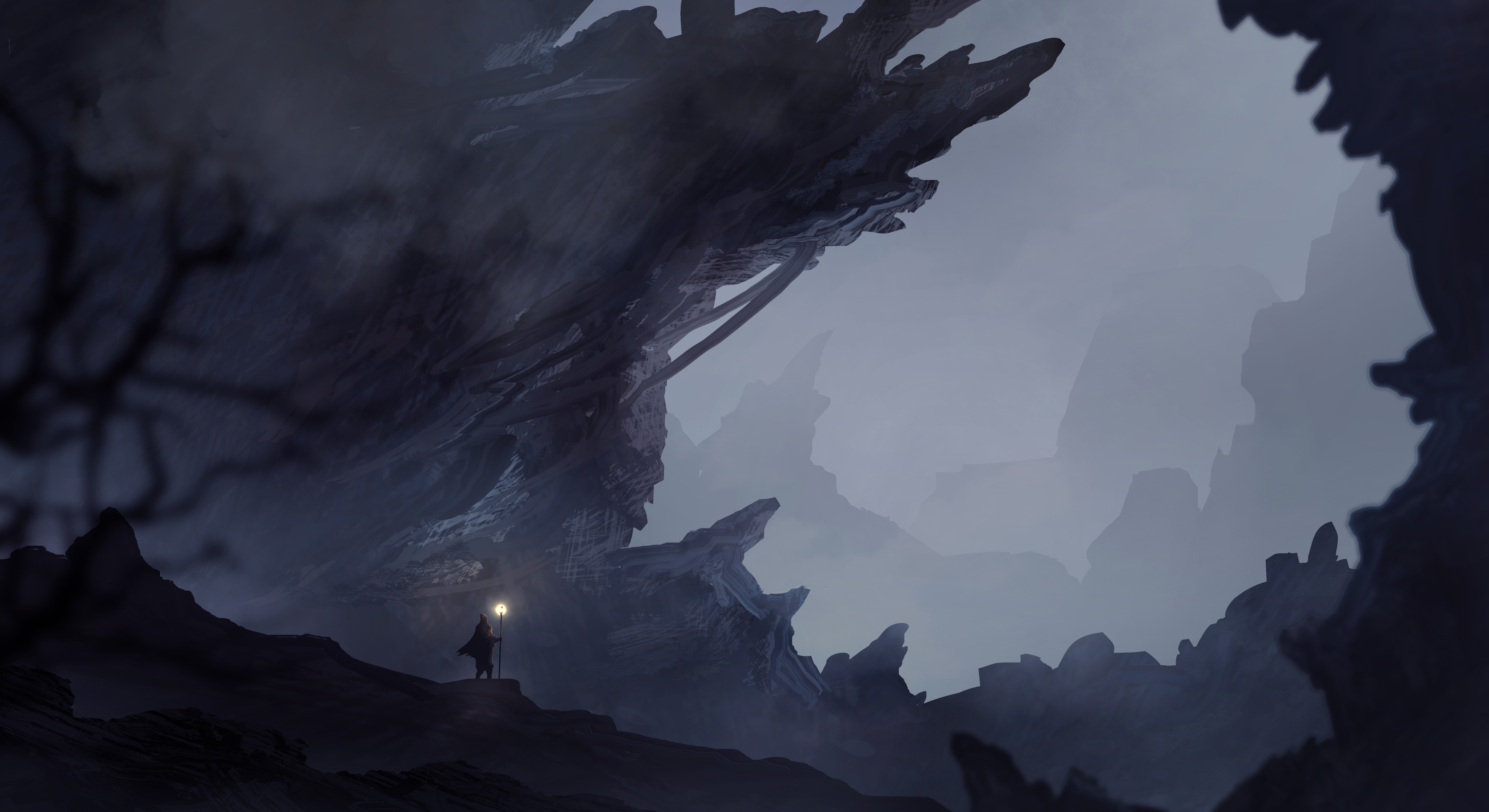 Fantasy art of a figure holding a light in a cave HD Wallpaper