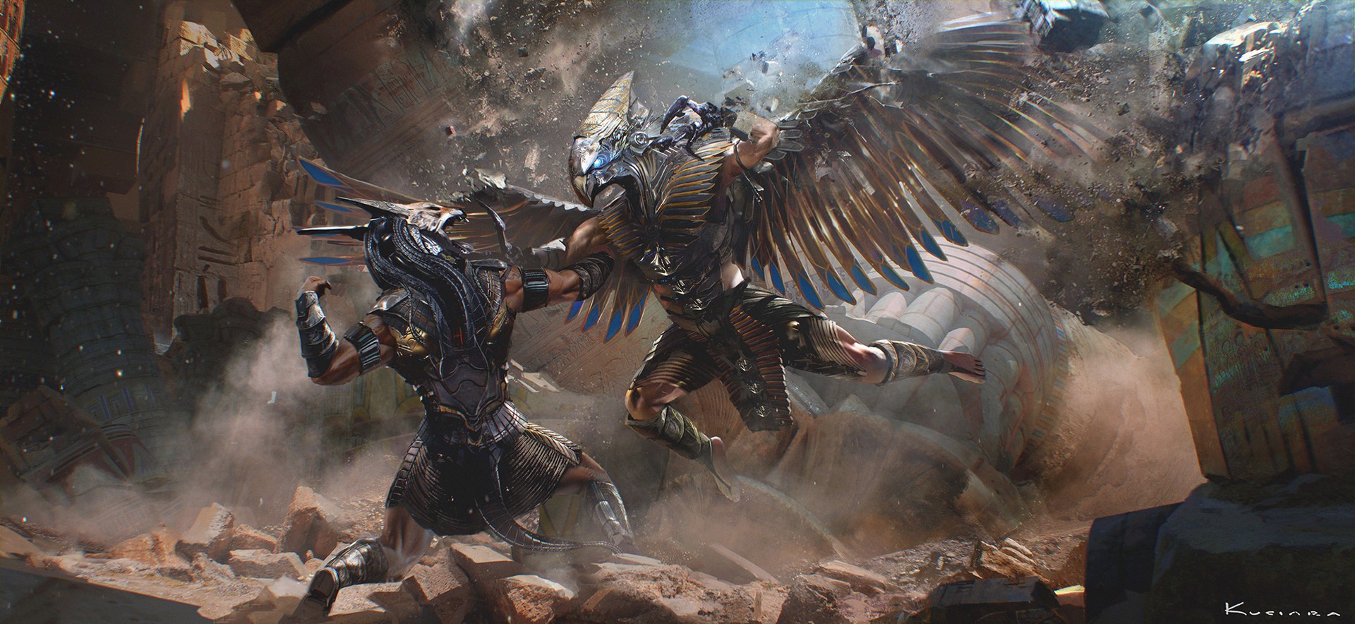 Horus and Anubis fighting in ancient ruins HD Wallpaper