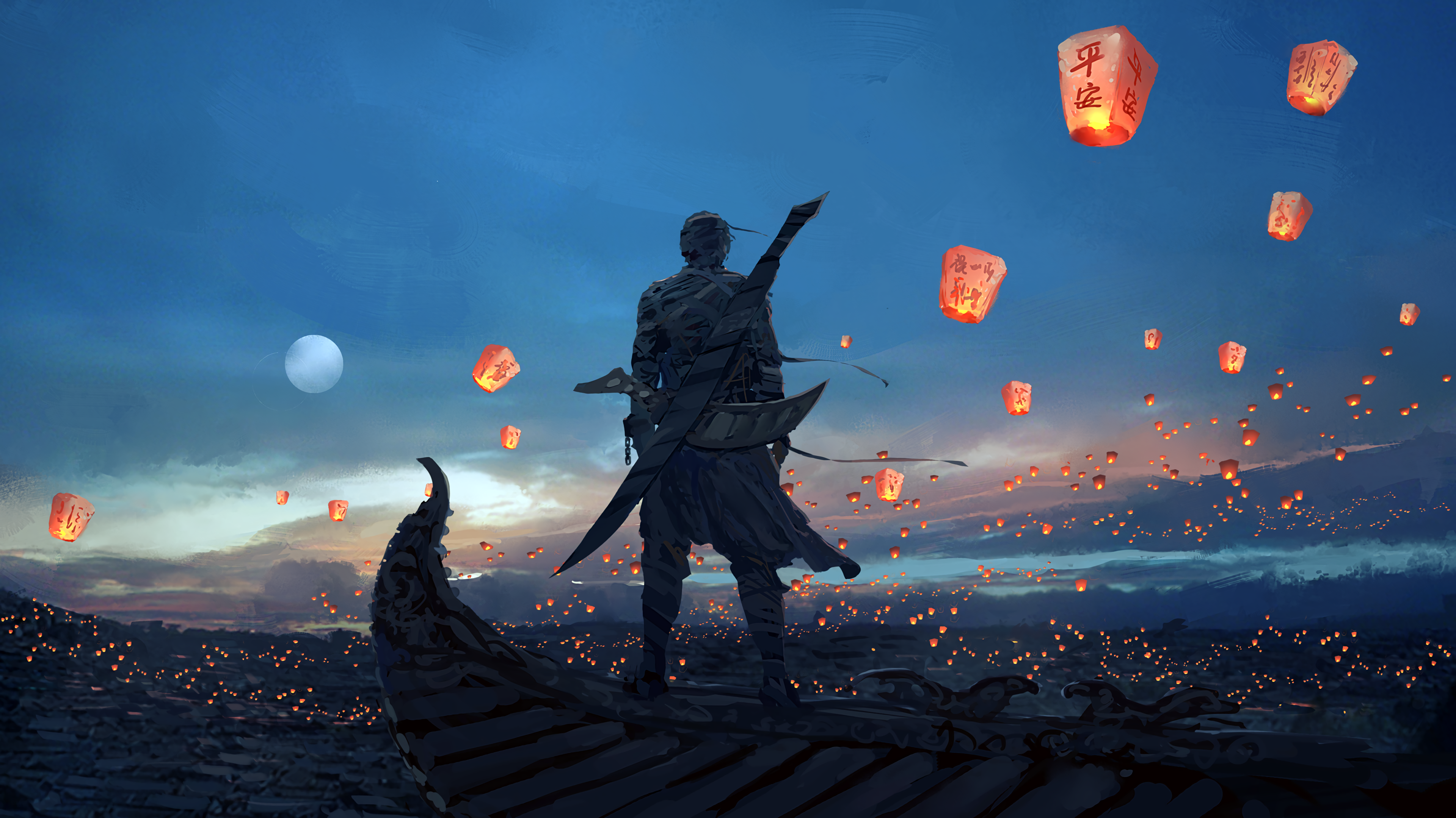 Warrior Releasing Lanterns Over City at Dusk HD Wallpaper
