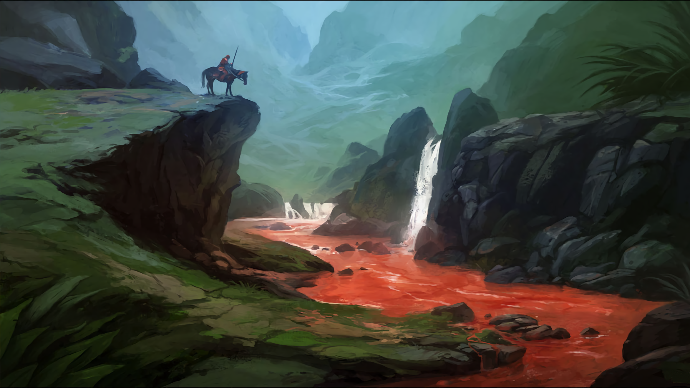 Warrior on horseback overlooking a bloody river and waterfalls HD Wallpaper