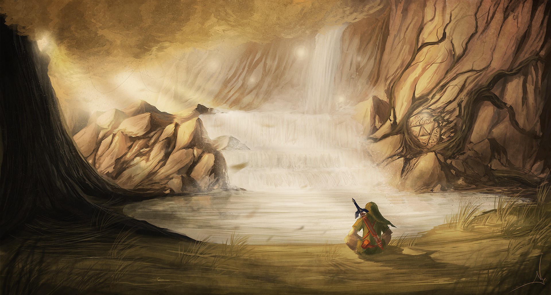 Link in a cave with a waterfall HD Wallpaper