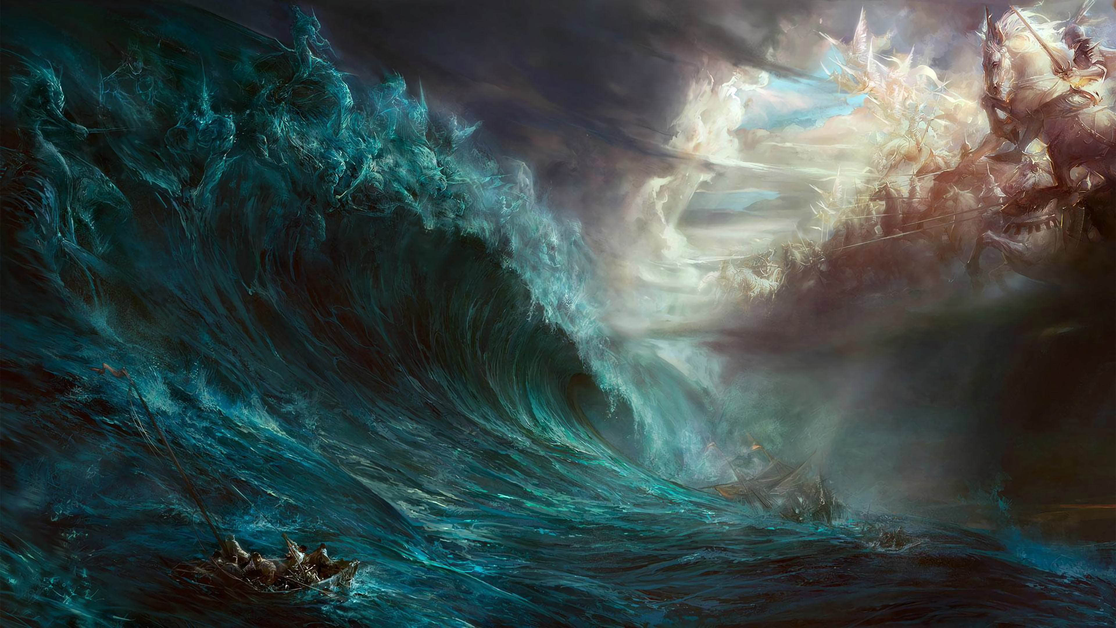 A massive wave crashes down on a small boat, while a divine army rides horses in the sky. HD Wallpaper