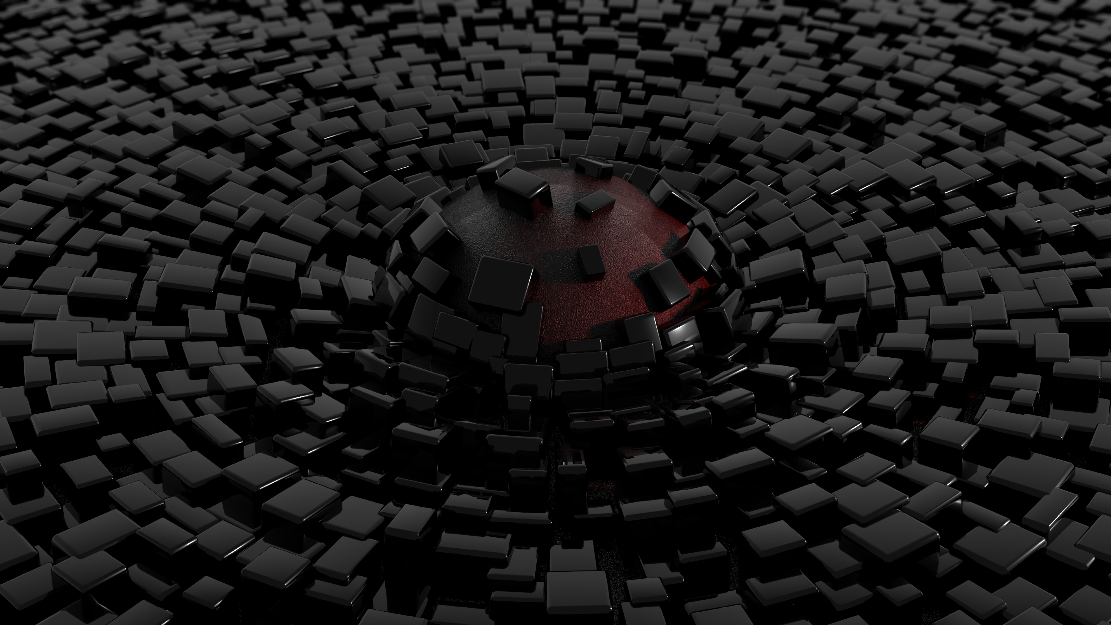 Abstract black cubes surrounding a red sphere HD Wallpaper