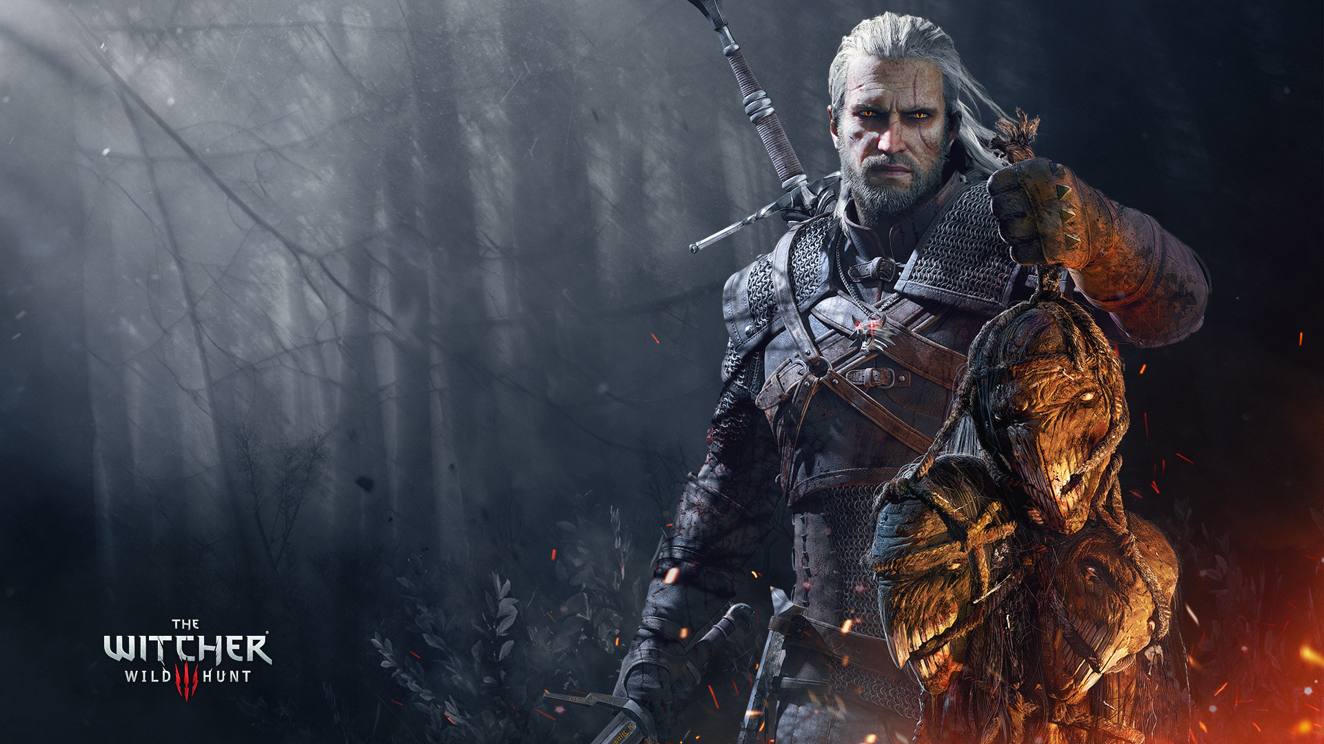 The Witcher 3 Wild Hunt: Geralt holding a monster HD Wallpaper