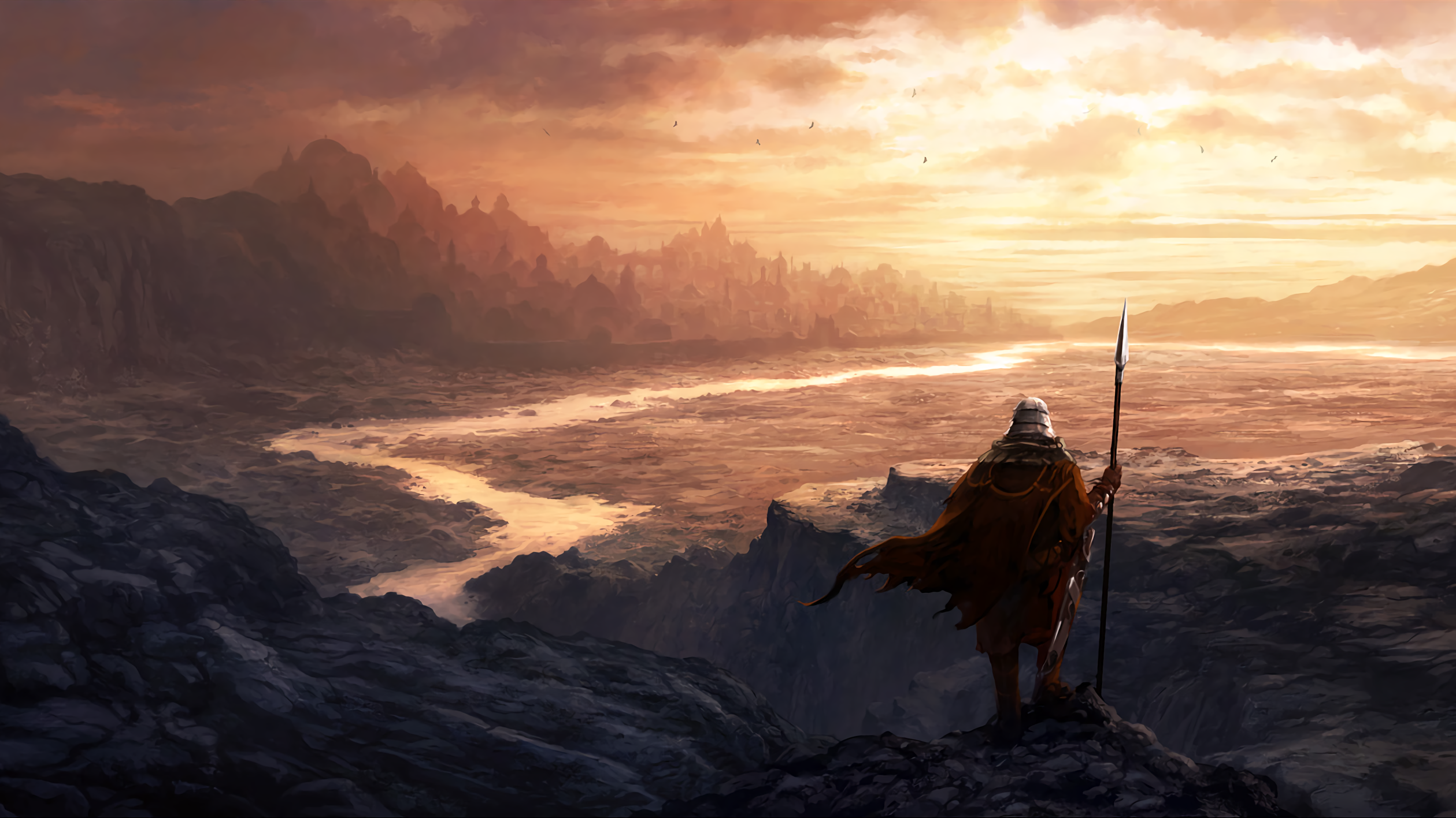 Fantasy landscape with a warrior overlooking a city HD Wallpaper