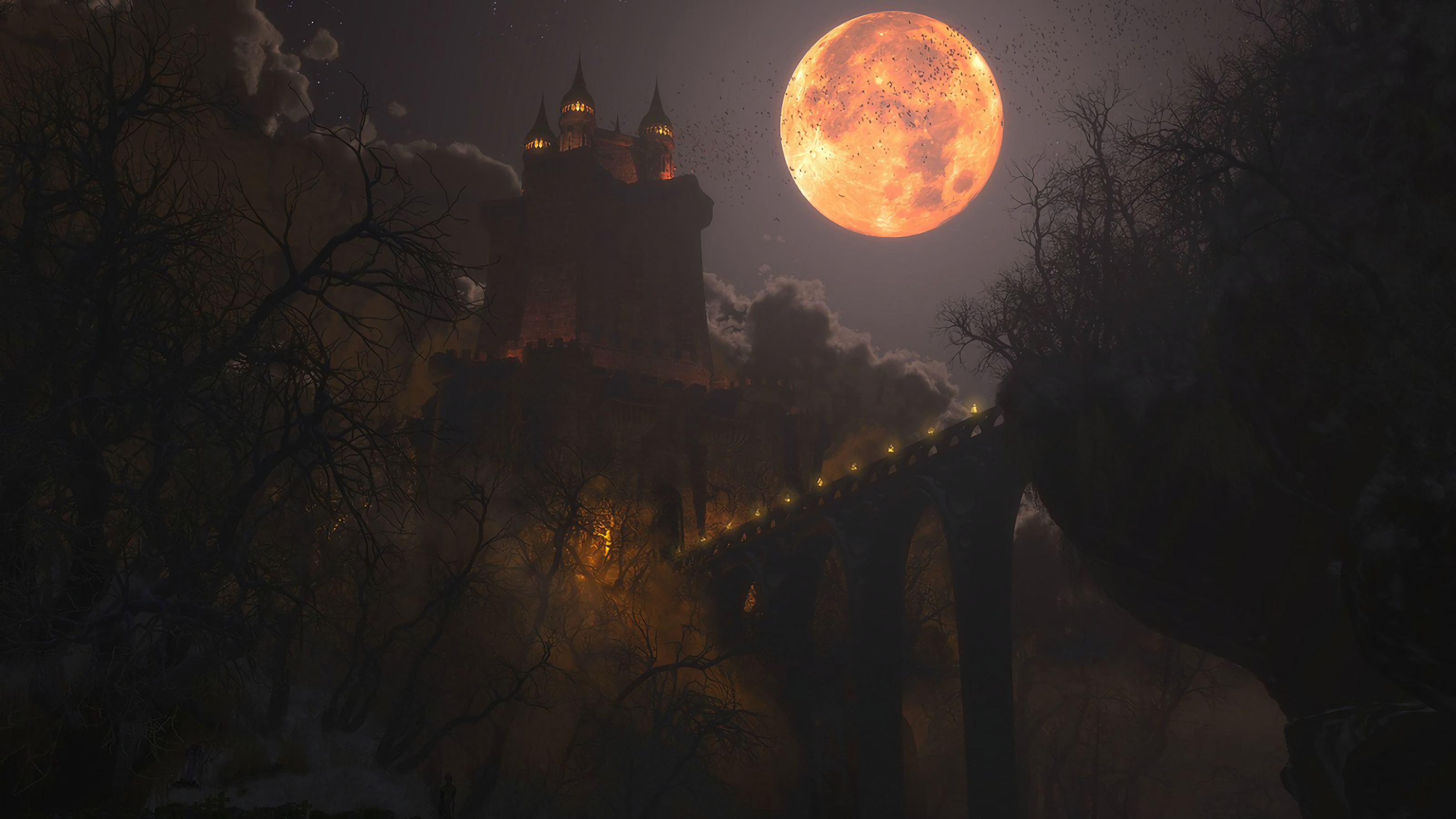 Castle on a hill with a large moon and bridge HD Wallpaper