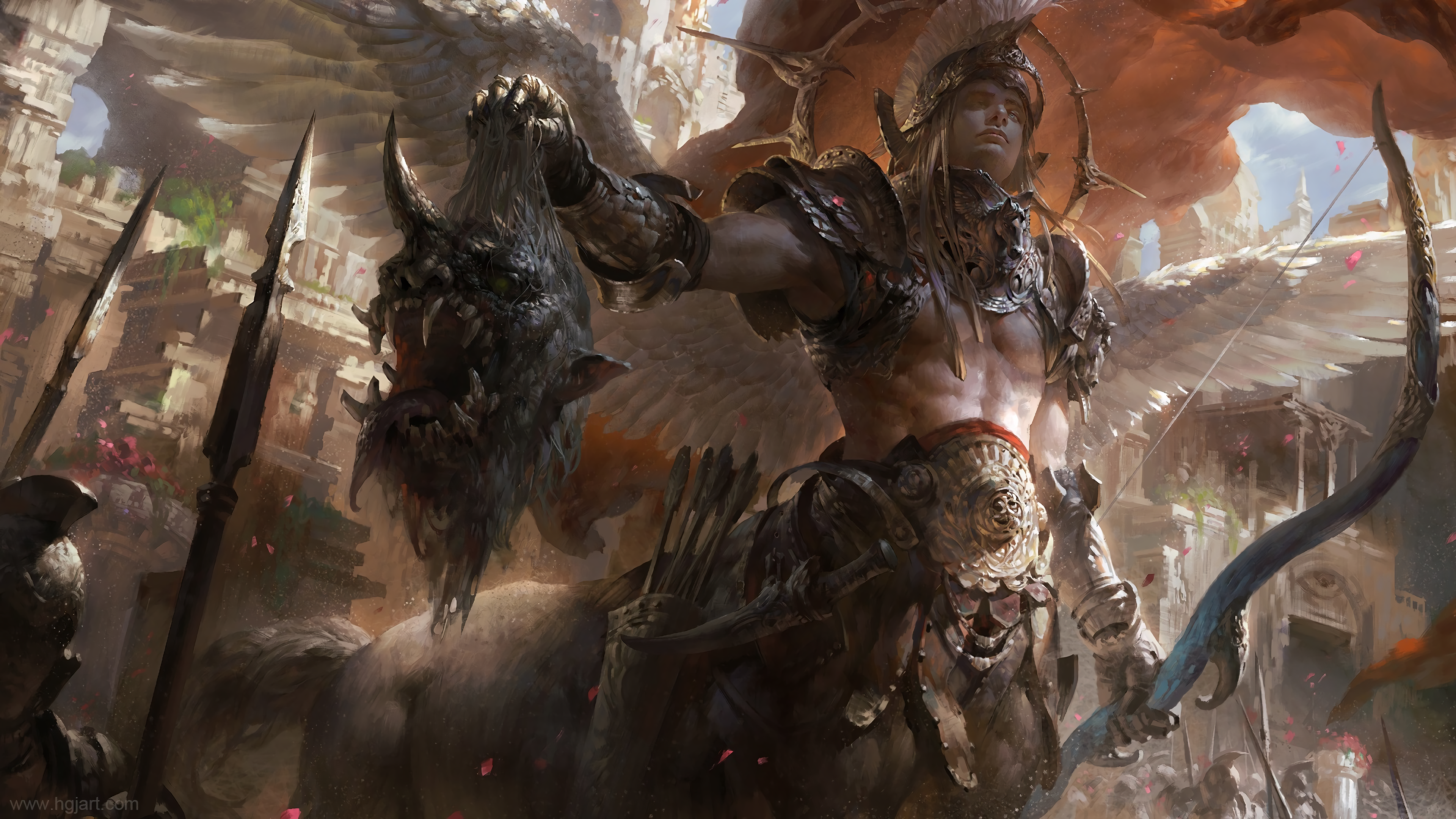 Centaur Warrior Holding Monster Head with Wings and Bow HD Wallpaper