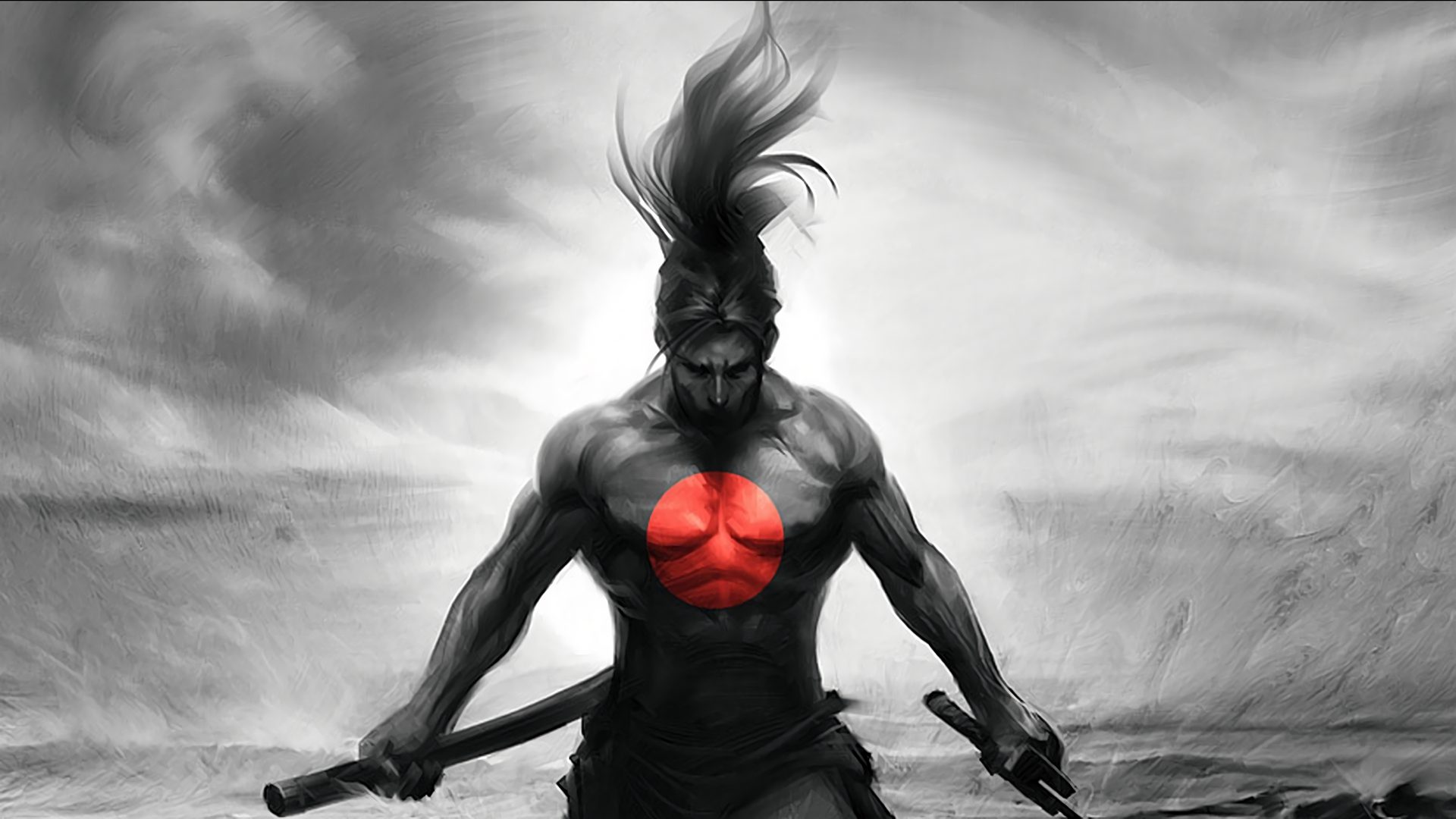 Samurai warrior with a red sun symbol on his chest HD Wallpaper