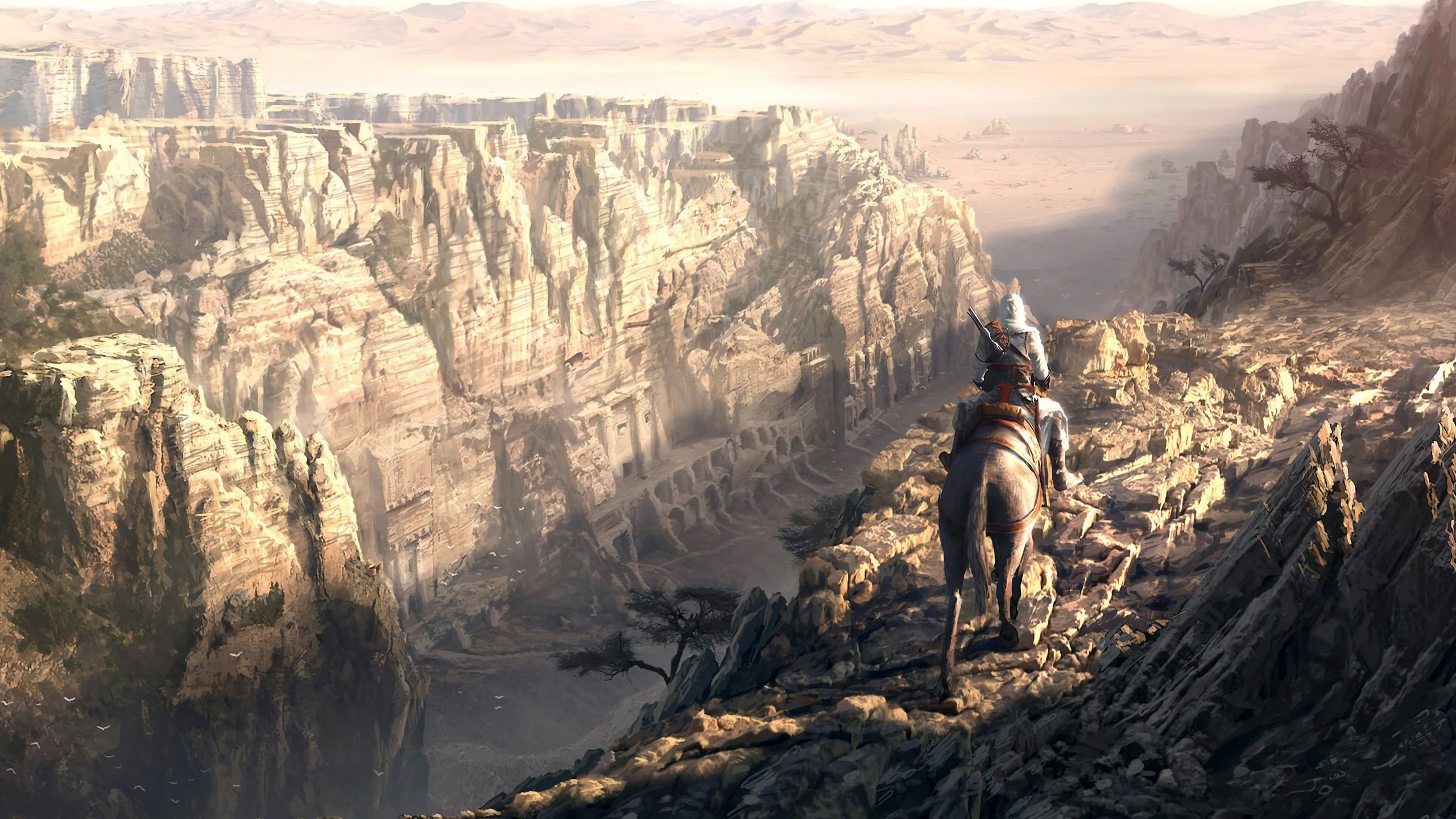 Assassin's Creed Altaïr Ibn-LaAhad riding a horse in a canyon HD Wallpaper