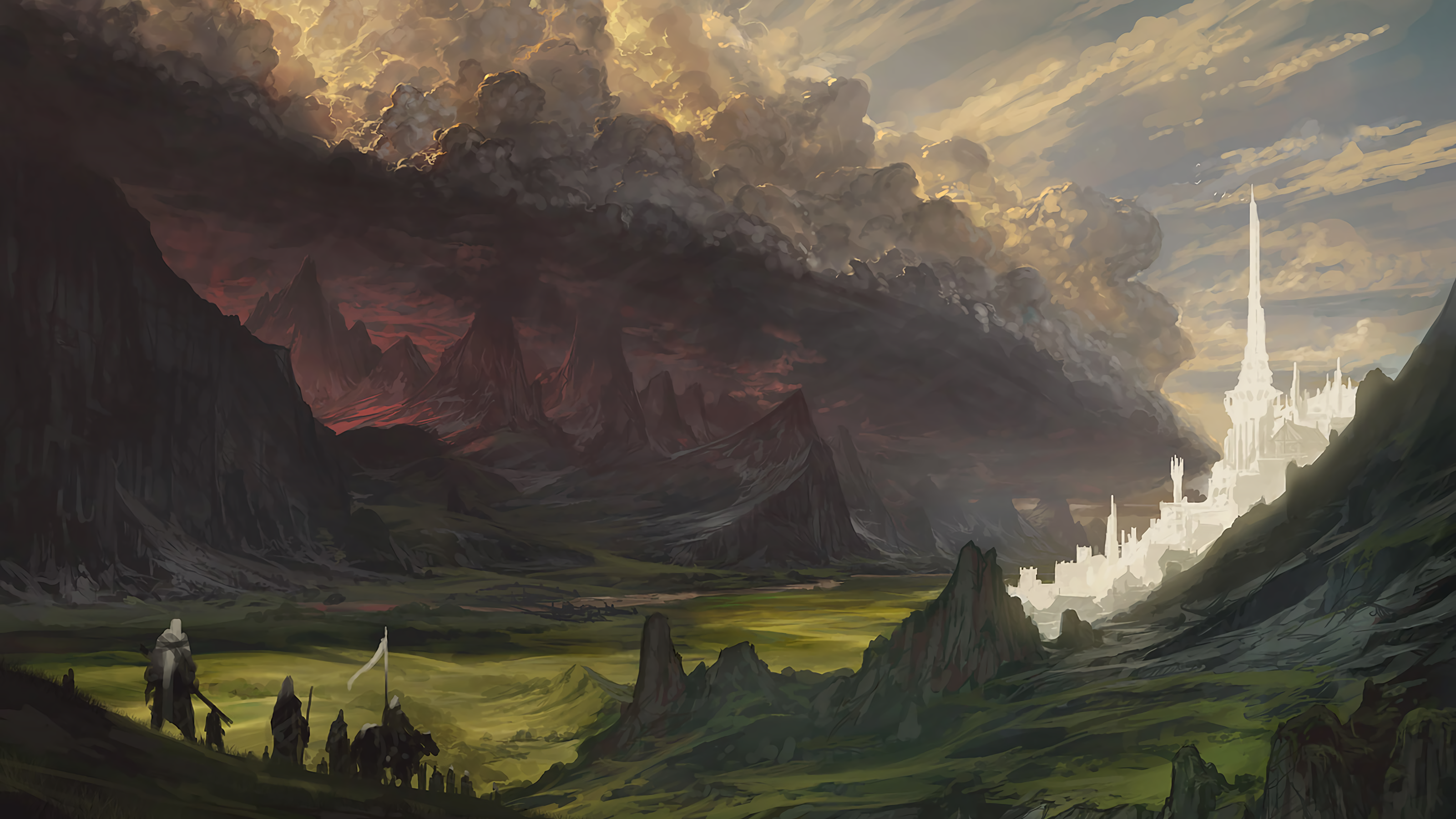 Fantasy landscape with a white city and a dark storm HD Wallpaper