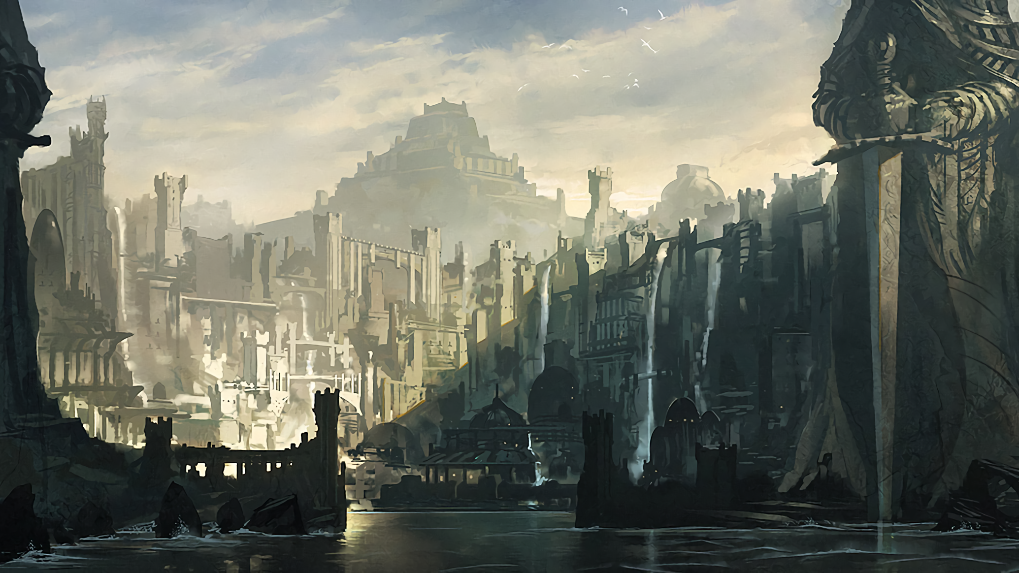 A fantasy city with waterfalls and a large statue HD Wallpaper