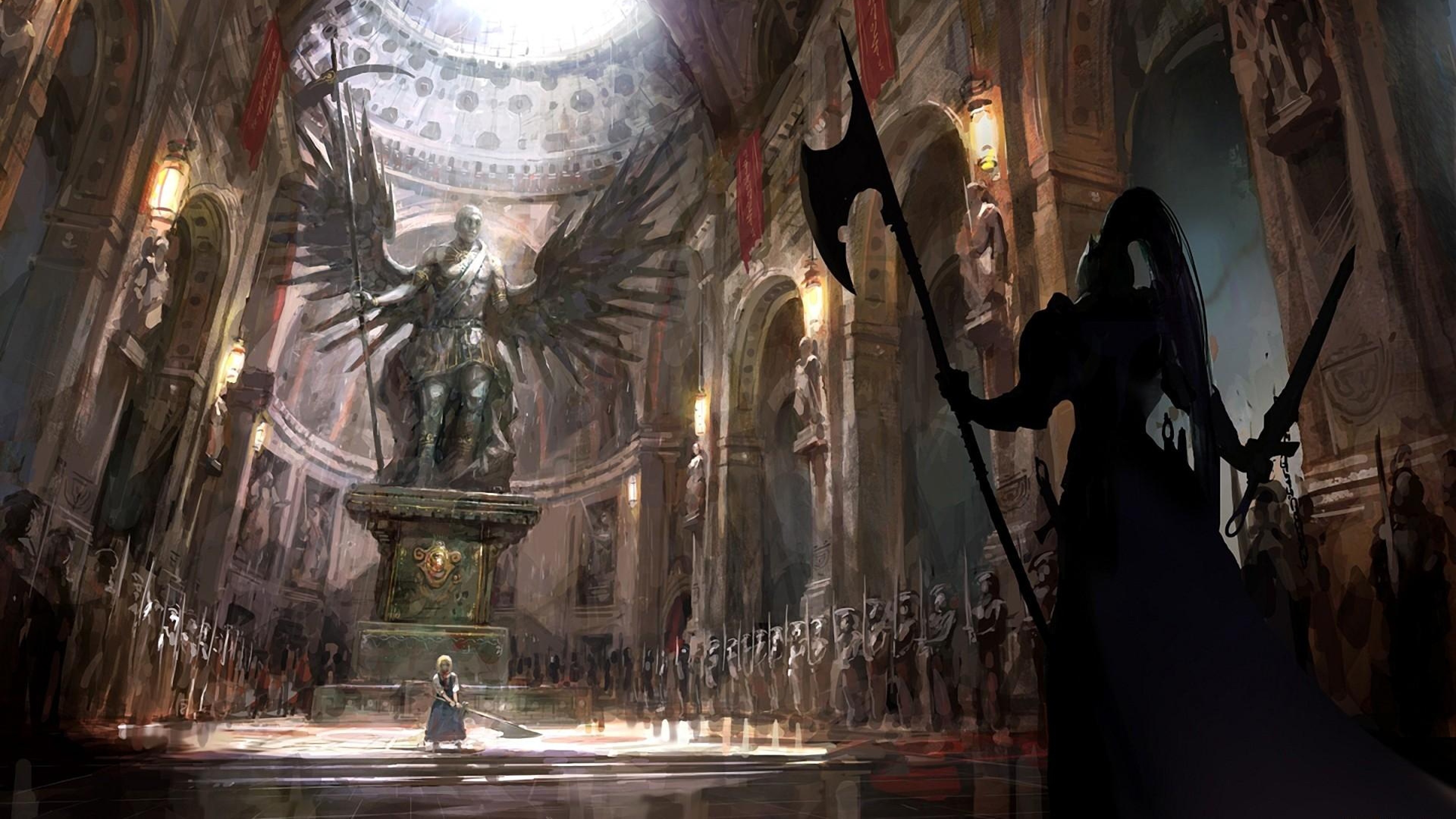 Angel statue in a grand hall with soldiers HD Wallpaper
