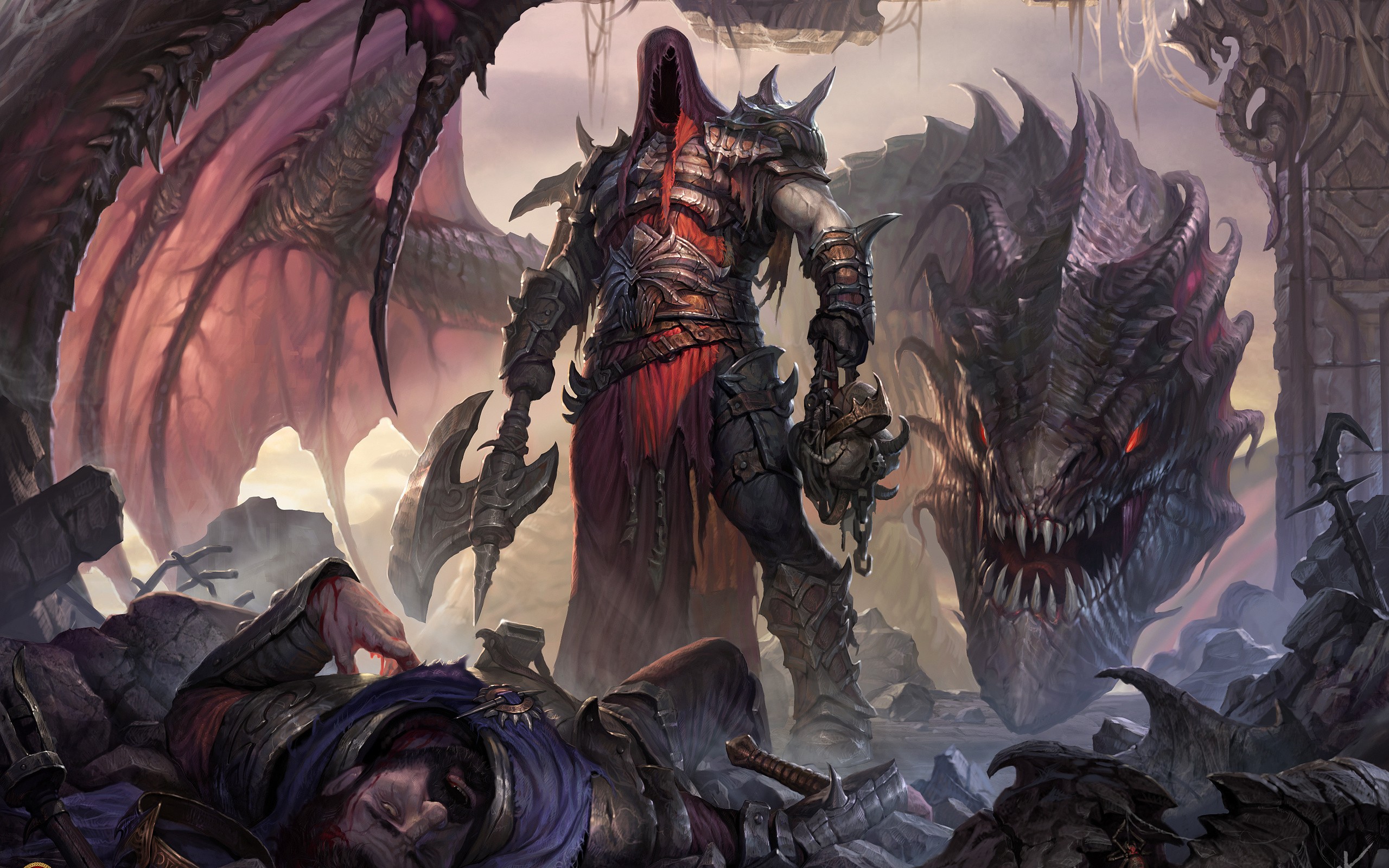Fantasy art of a grim reaper and a dragon HD Wallpaper
