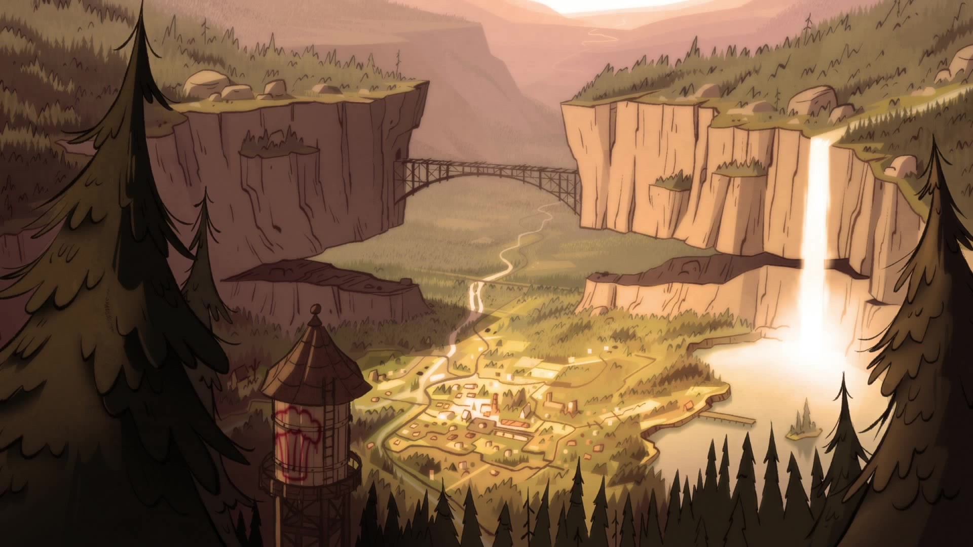 Gravity Falls landscape with a town and waterfall HD Wallpaper