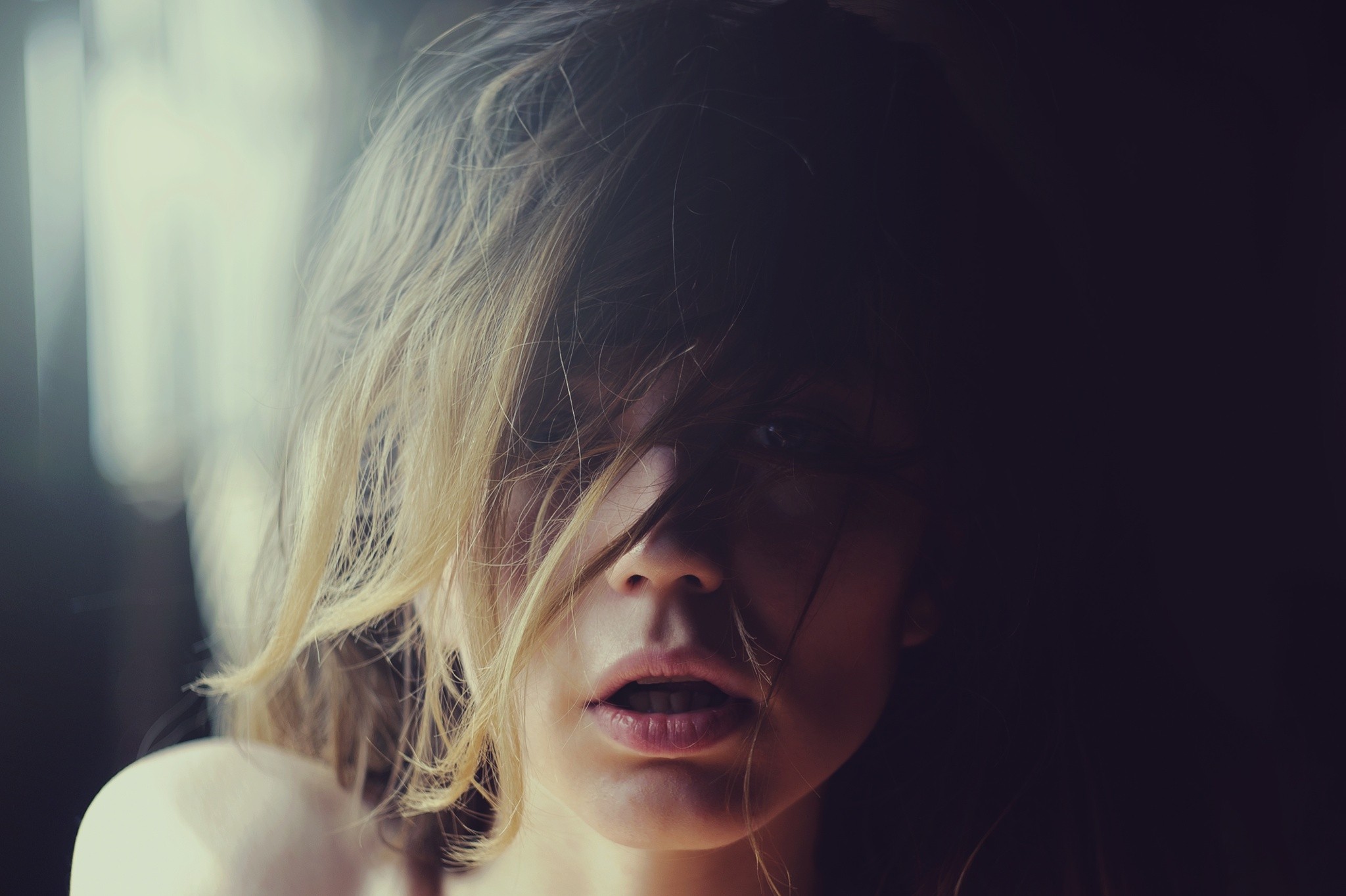 Woman with hair covering her face and open mouth HD Wallpaper