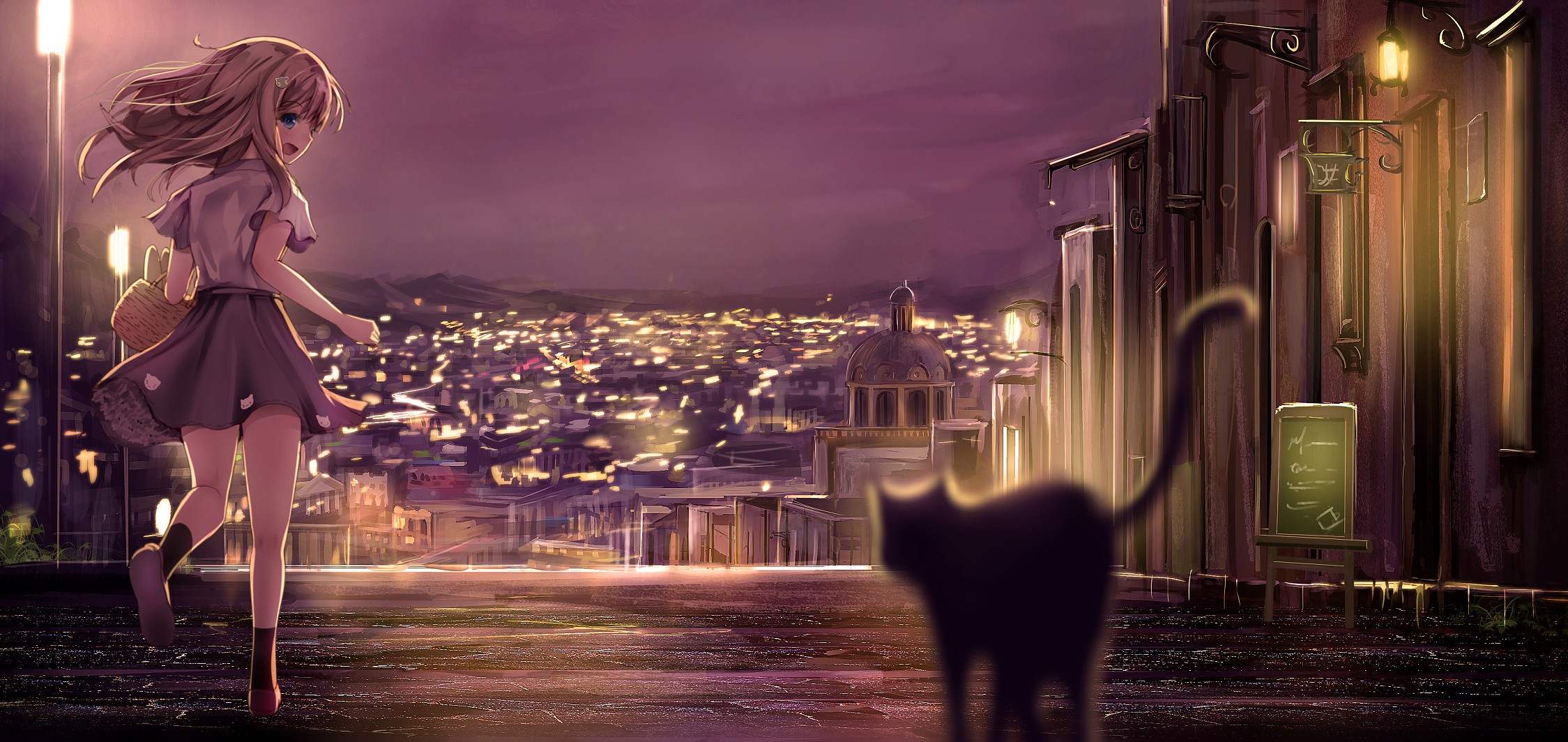 Anime girl with basket walks through a city at night HD Wallpaper