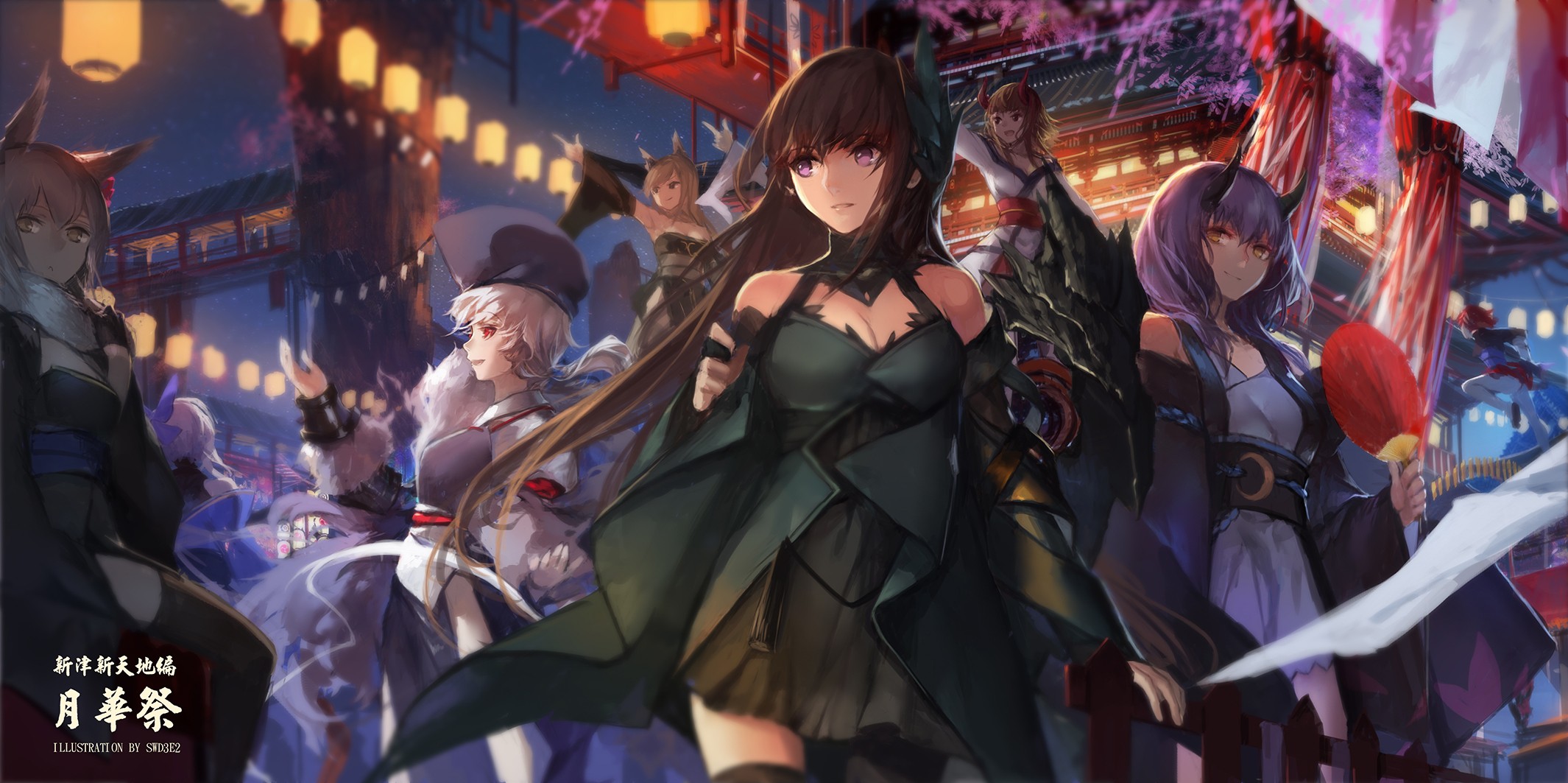 Anime girls with horns and Japanese clothes at a festival HD Wallpaper